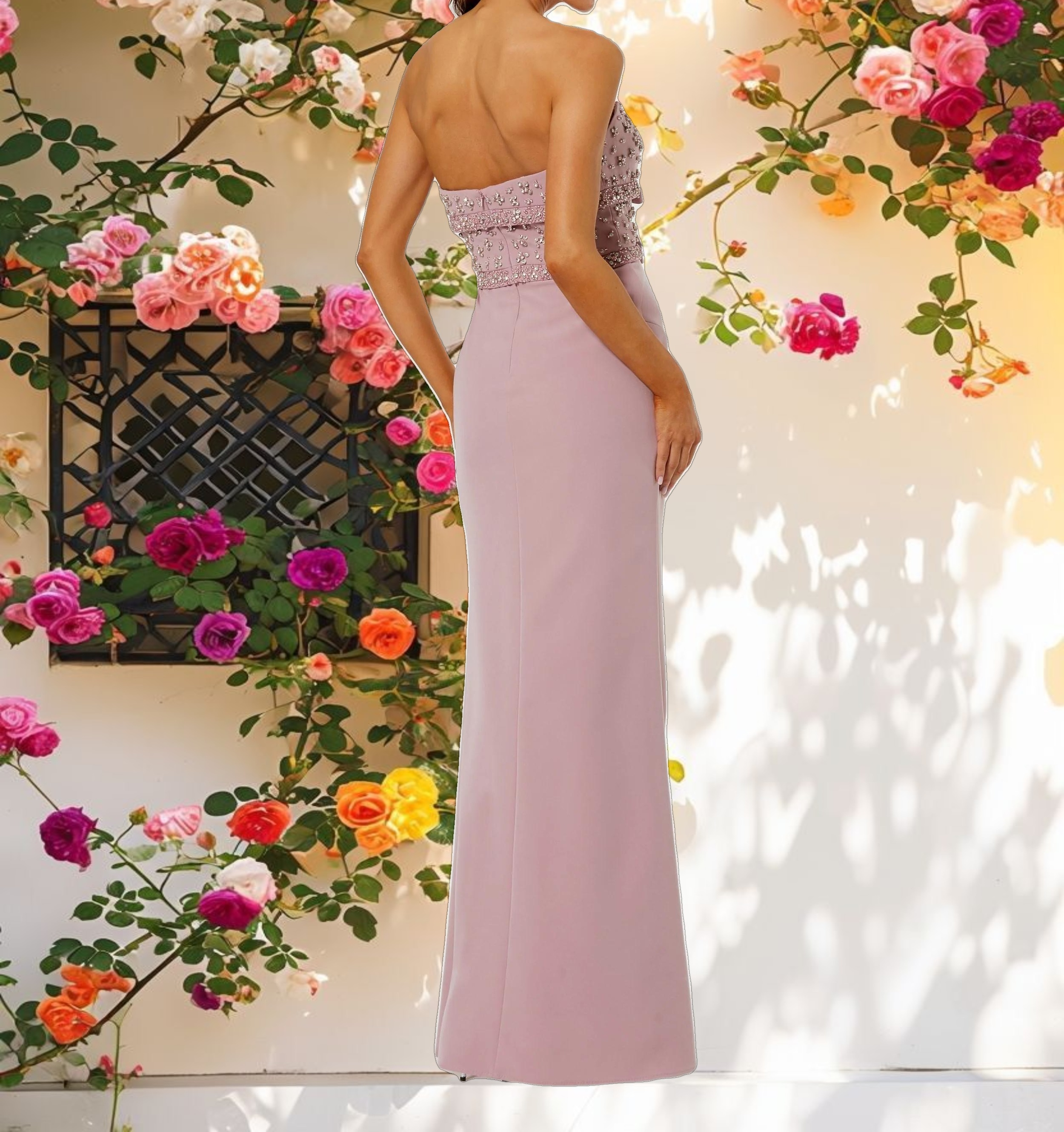 Pink Strapless Rhinestone Bodice Crepe Gown