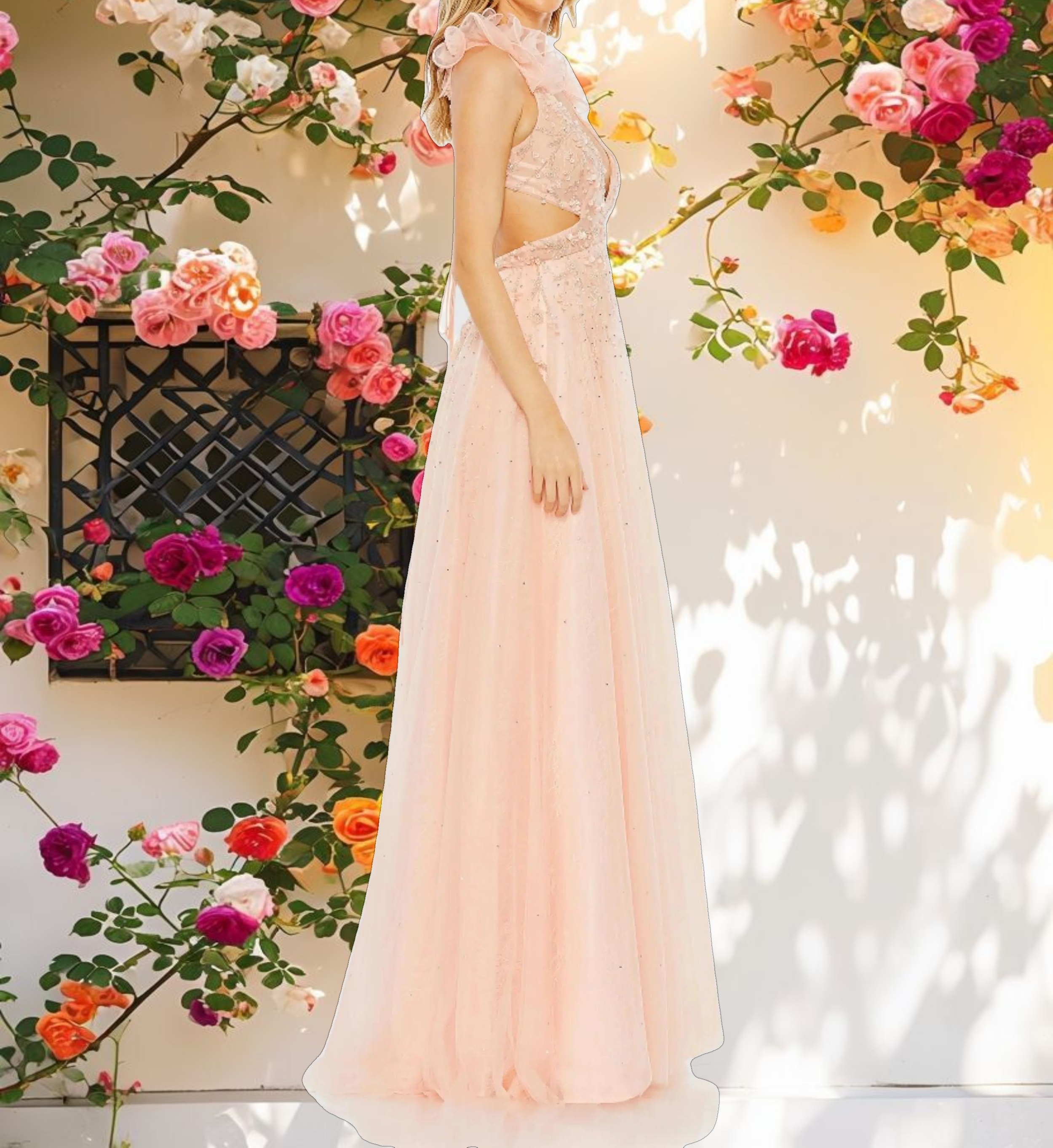 Pink Embellished Ruffle Shoulder Cut Out A Line Gown