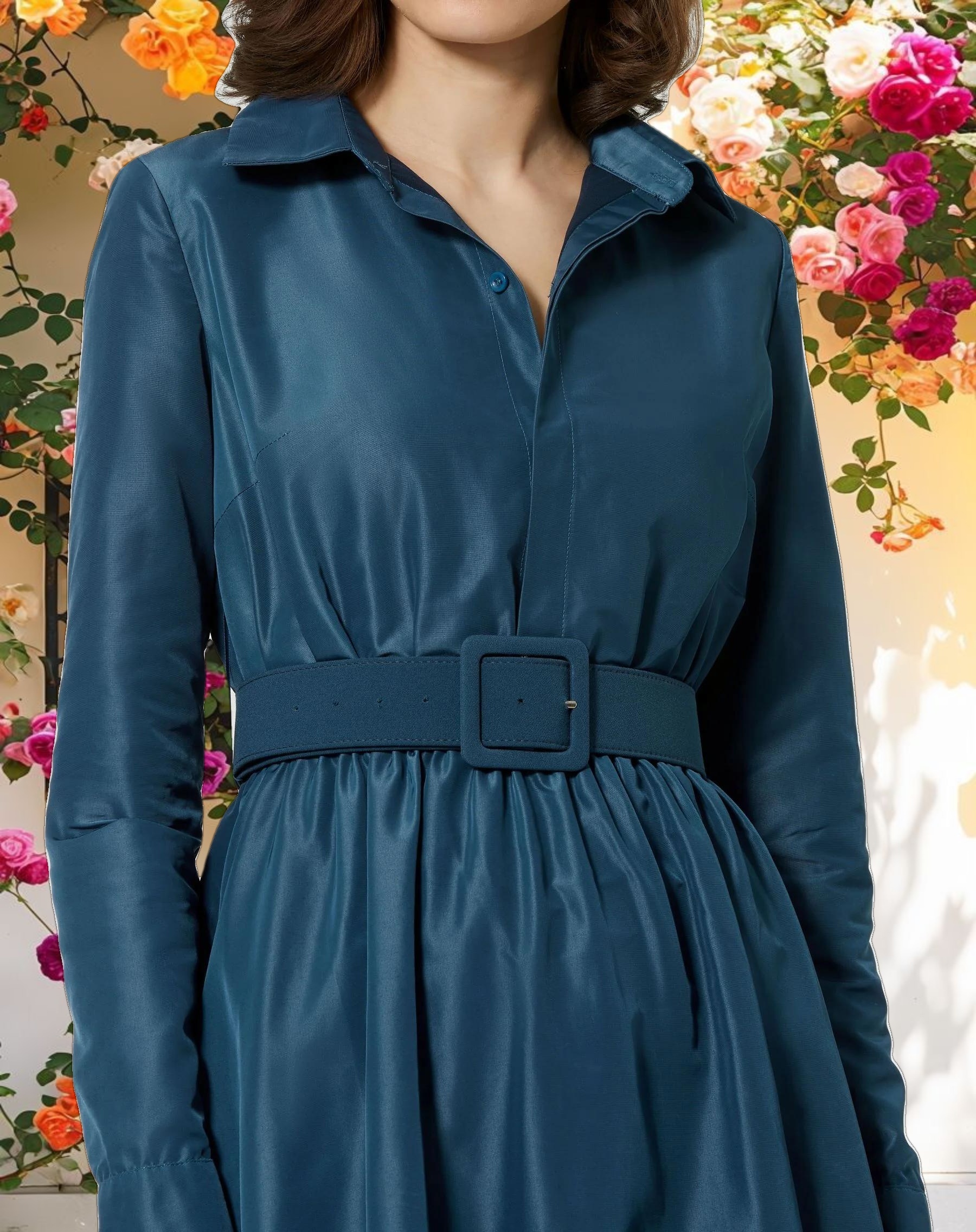 Blue Faille Long Sleeve Collared Midi Dress With Belt