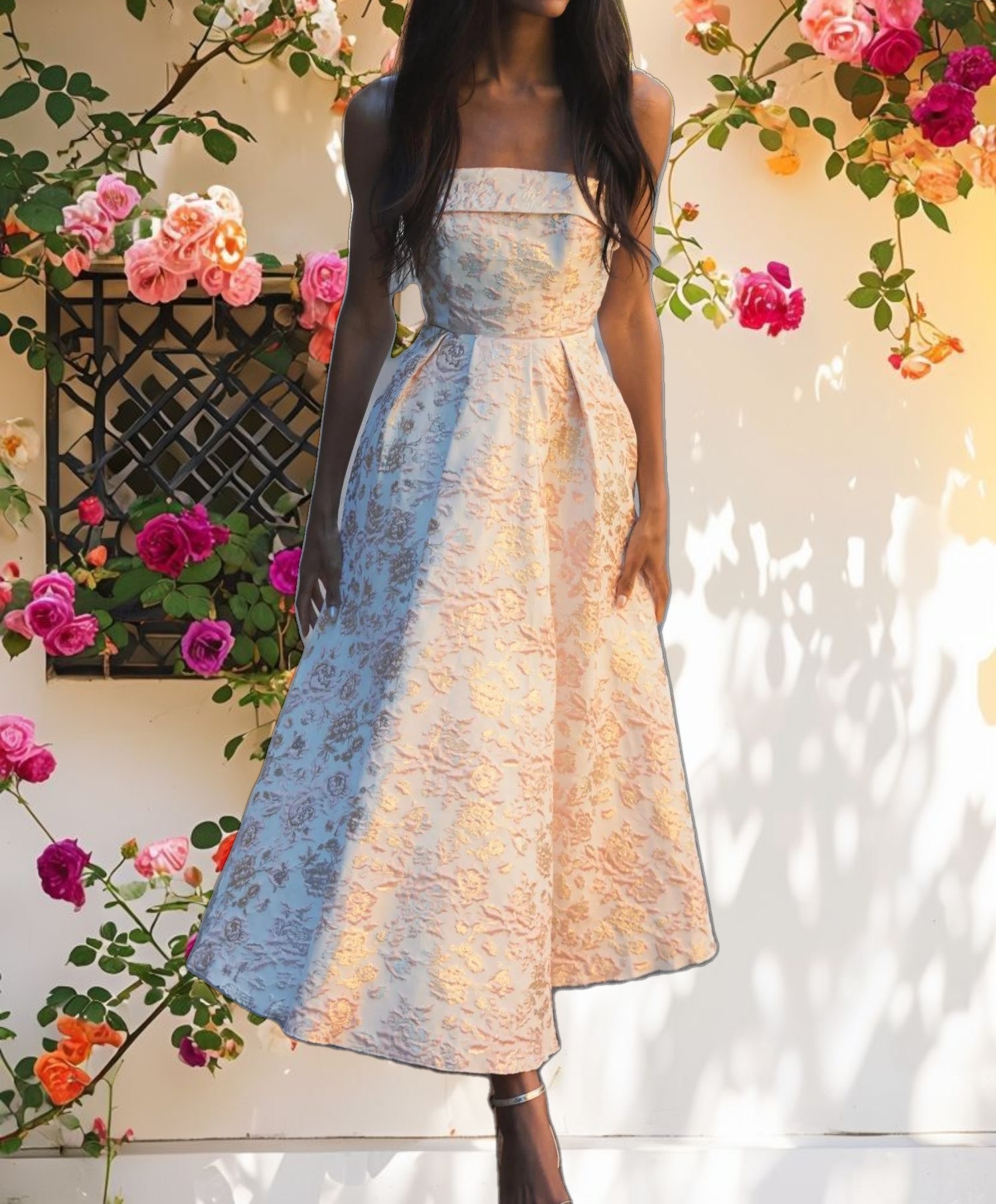 Pink and White Strapless Floral Brocade A Line Midi Dress