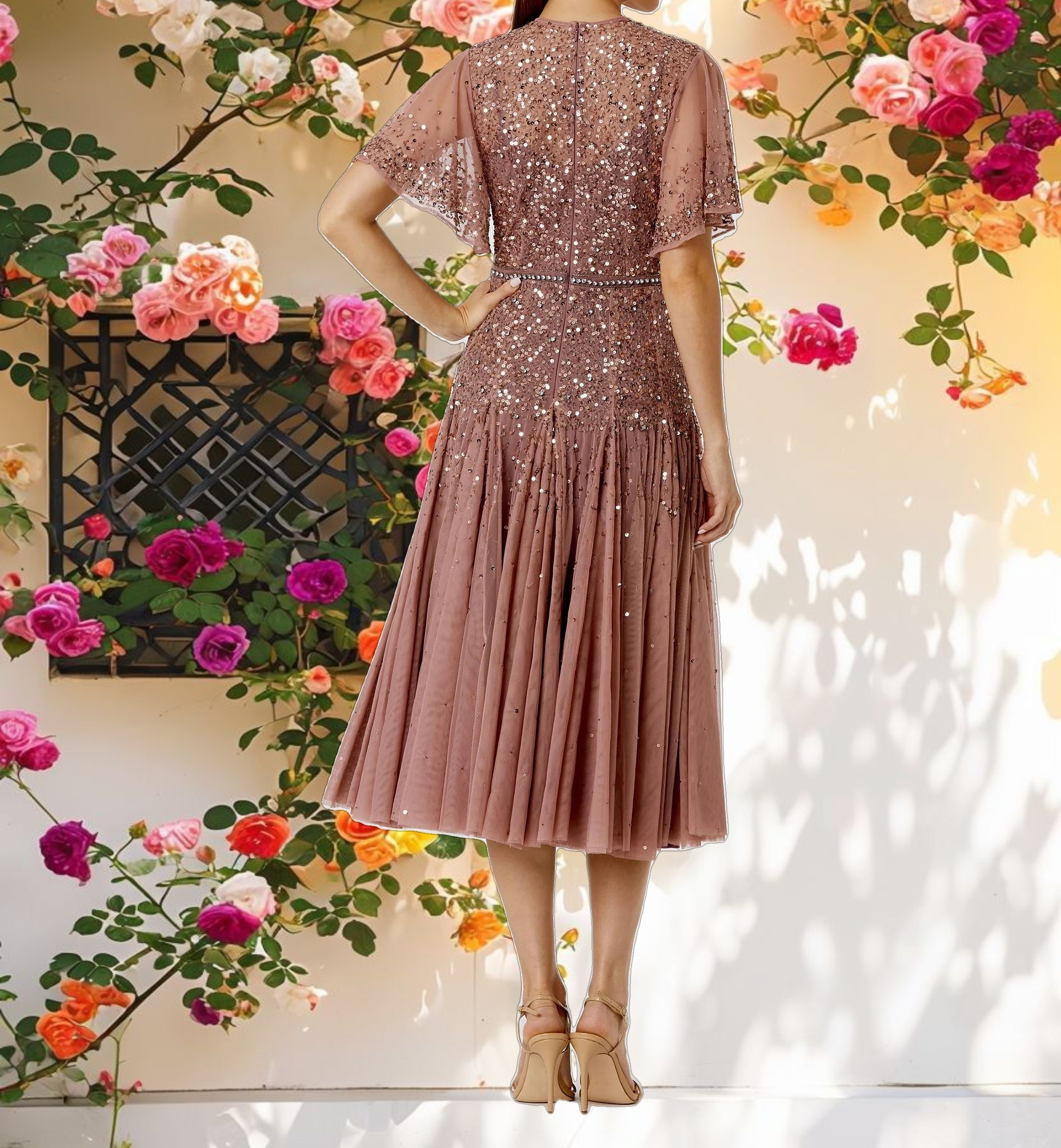 Pink Cape Sleeve Beaded Tea Length Drop Waist Dress