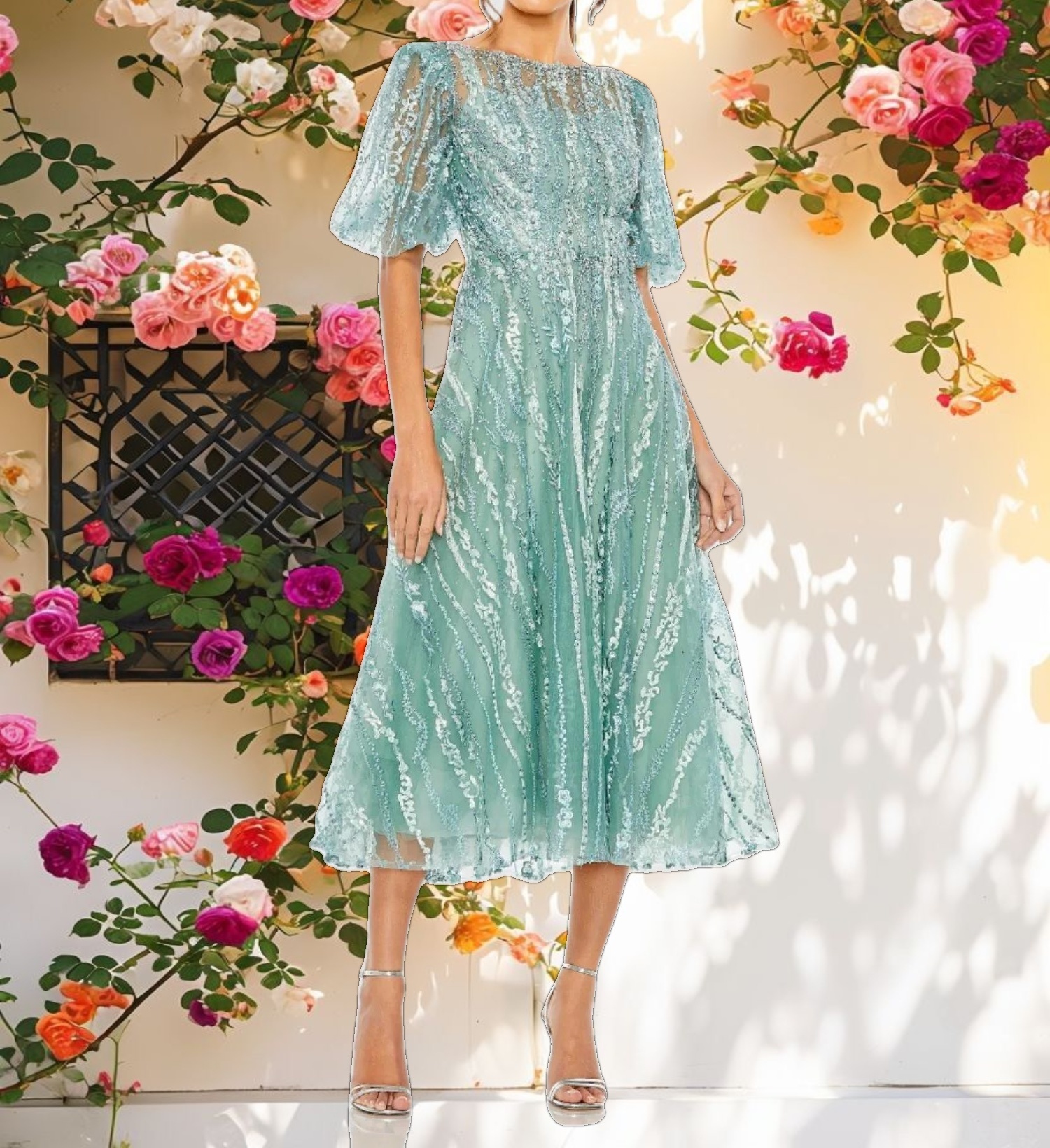 Green High Neck Puff Sleeve Embellished A Line Dress