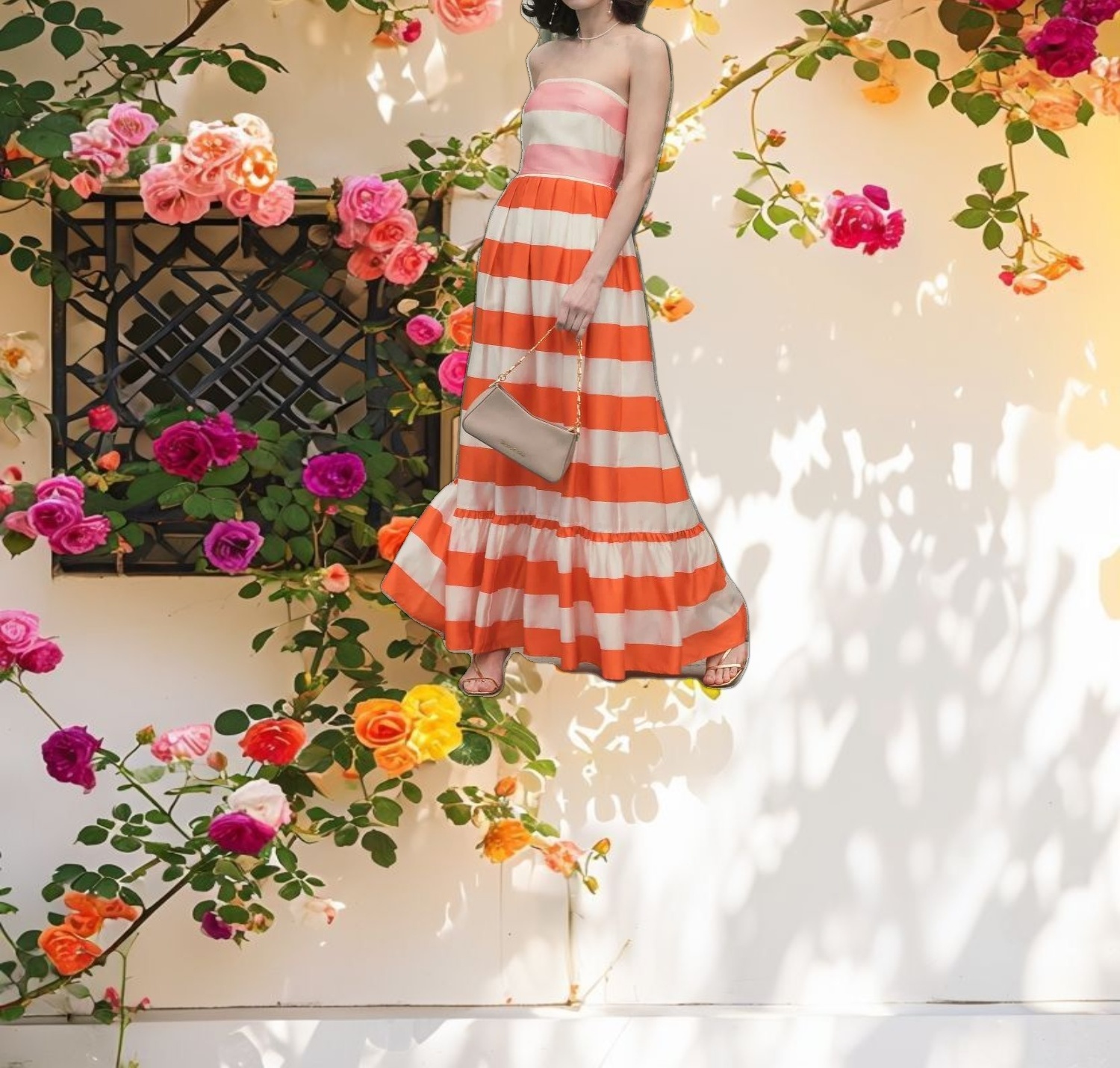 Striped Organza Ruffle Maxi Dress