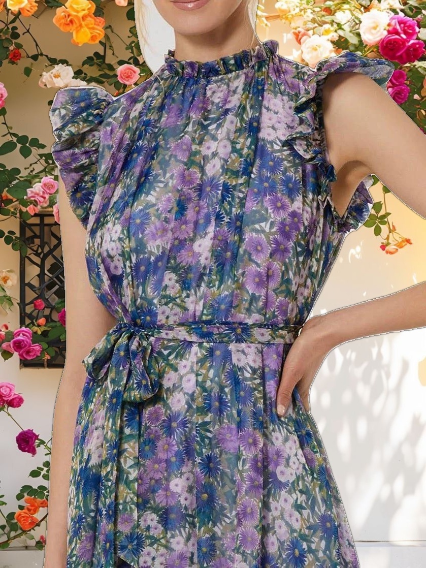 Floral Printed Chiffon Ruffle Sleeve Gown With Bow Belt