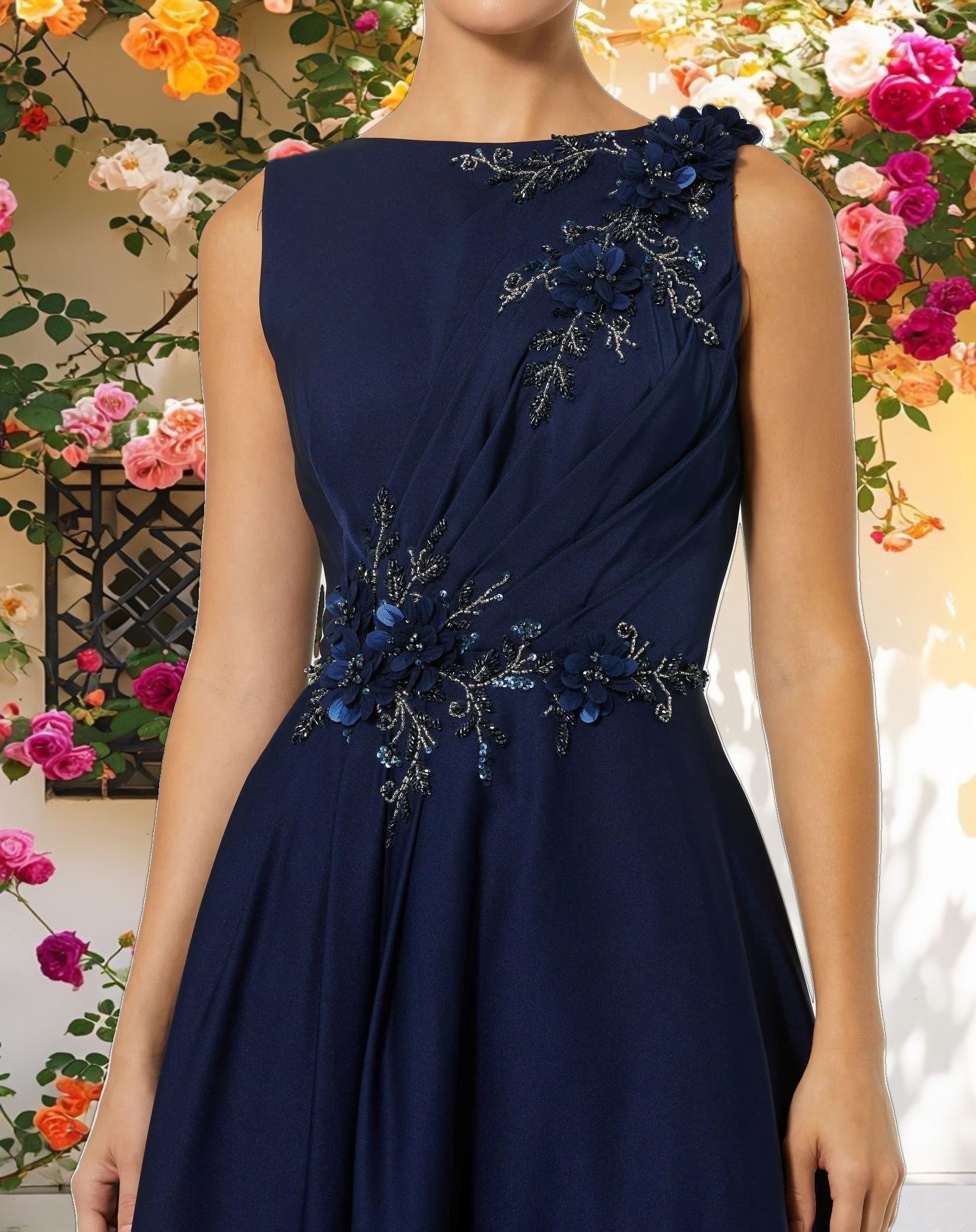 Blue Flowered Applique Open Back Dress