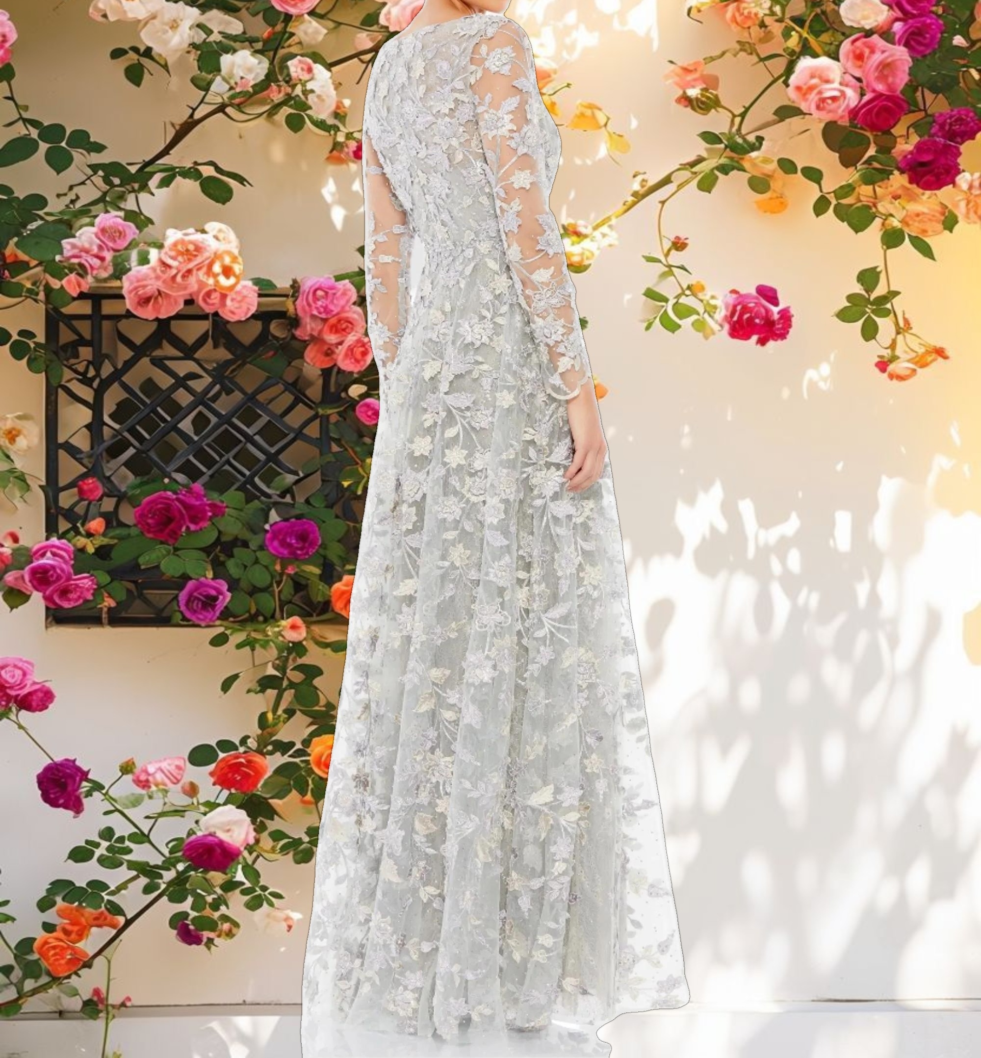 Beige Floral Pattern Long Sleeve Gown