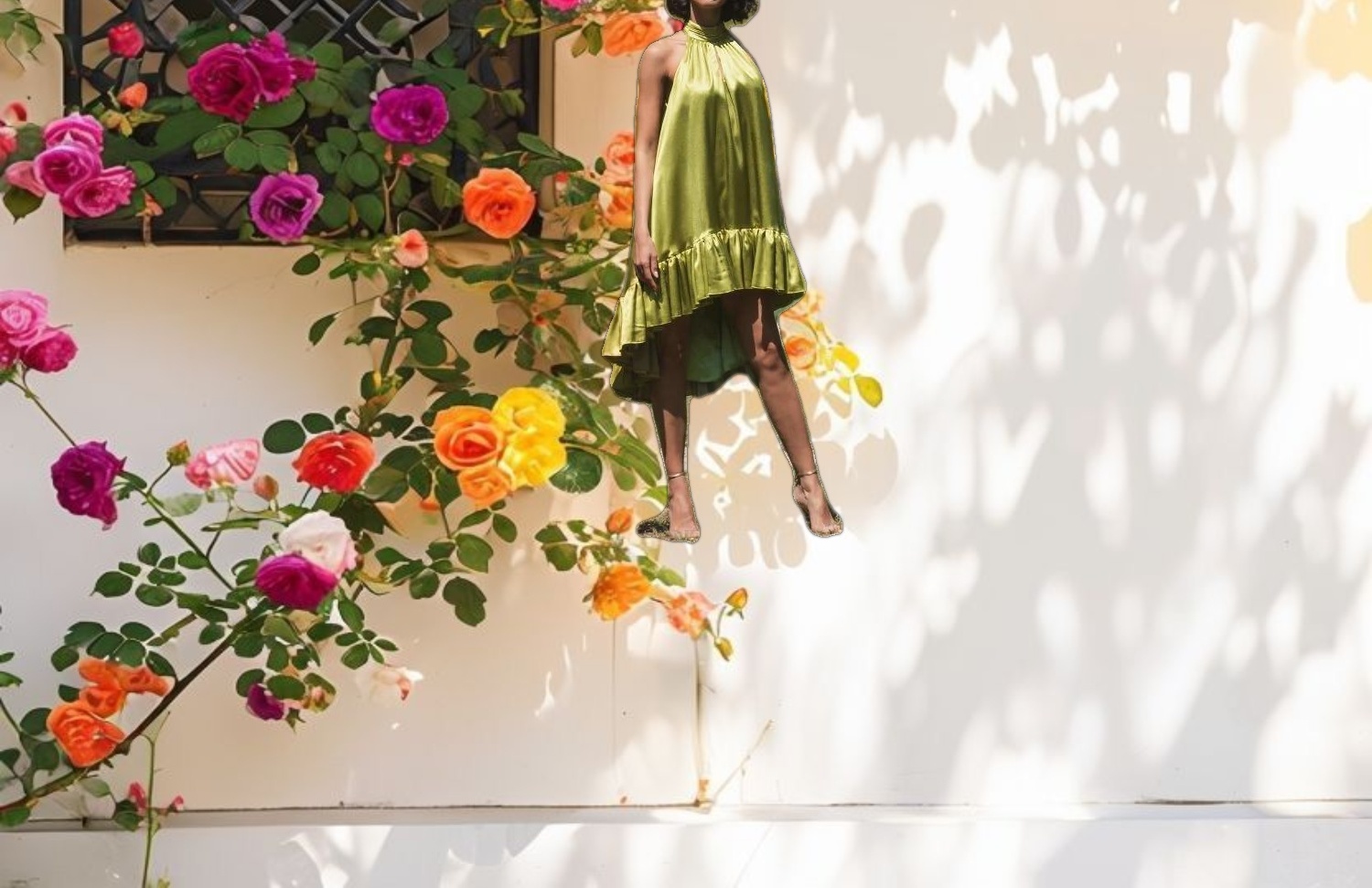 Green High Neck Satin Mini Dress With Keyhole