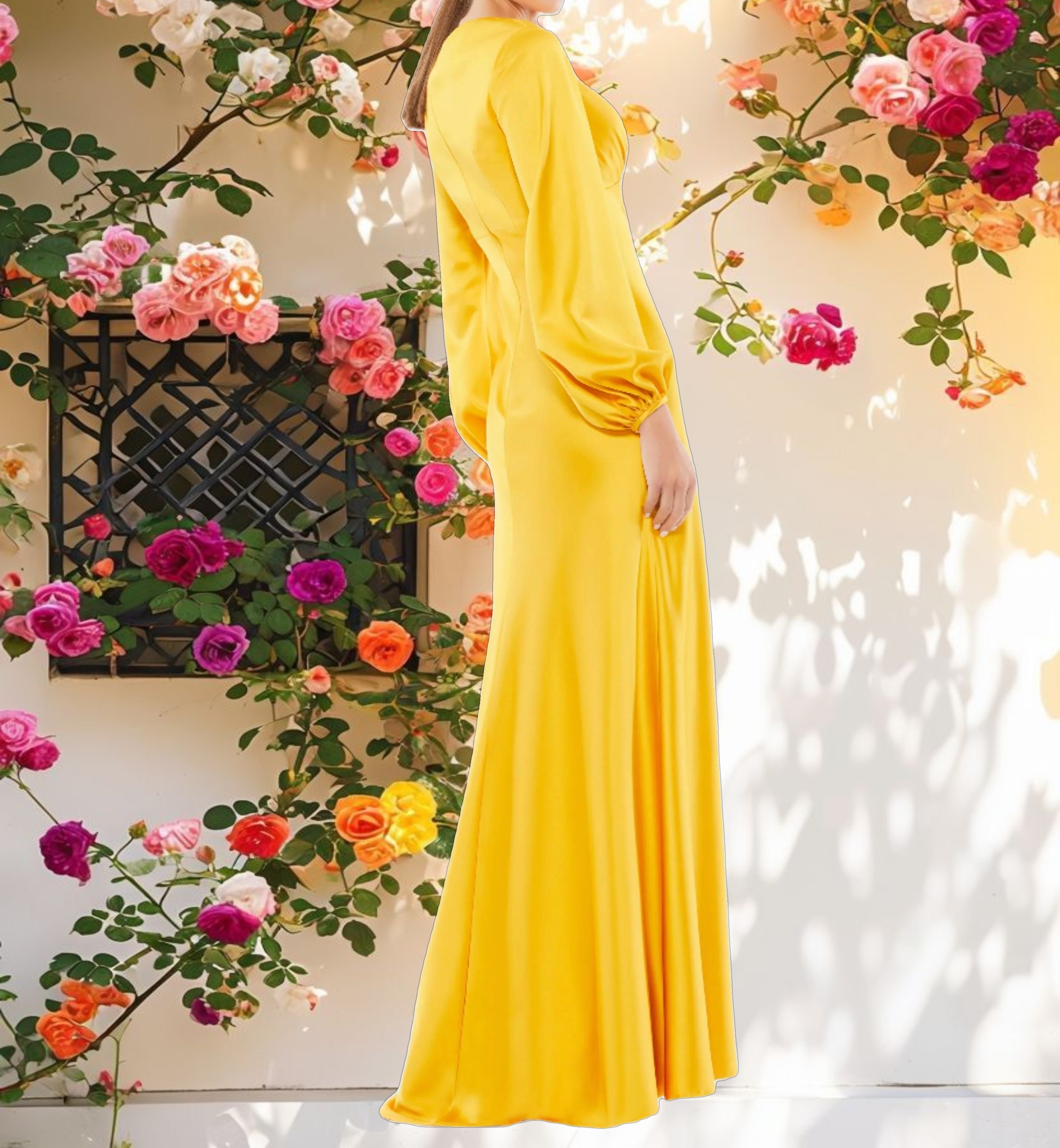 Yellow Charmeuse Empire Waist Blouson Sleeve Gown