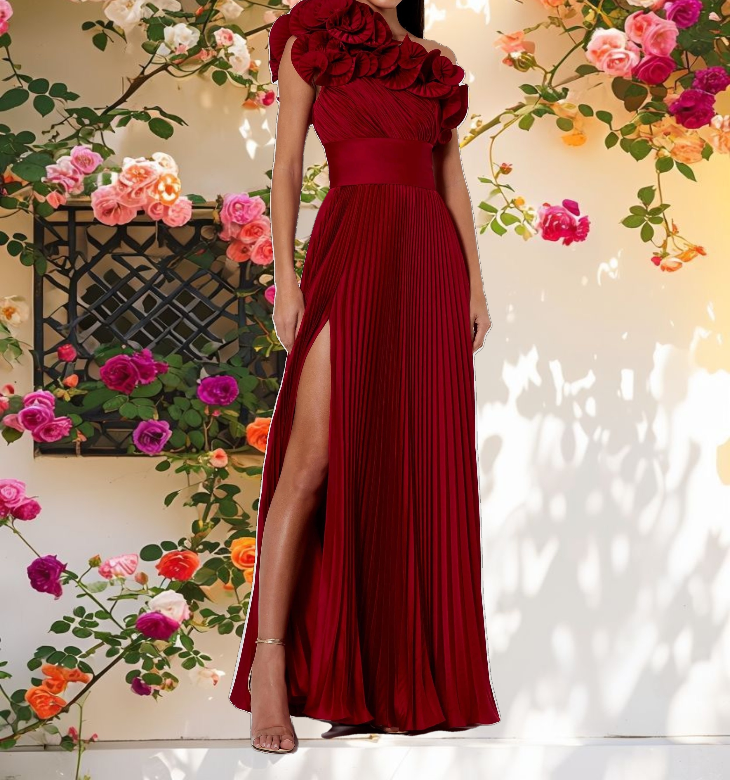Red Pleated Ruffle One Shoulder Gown