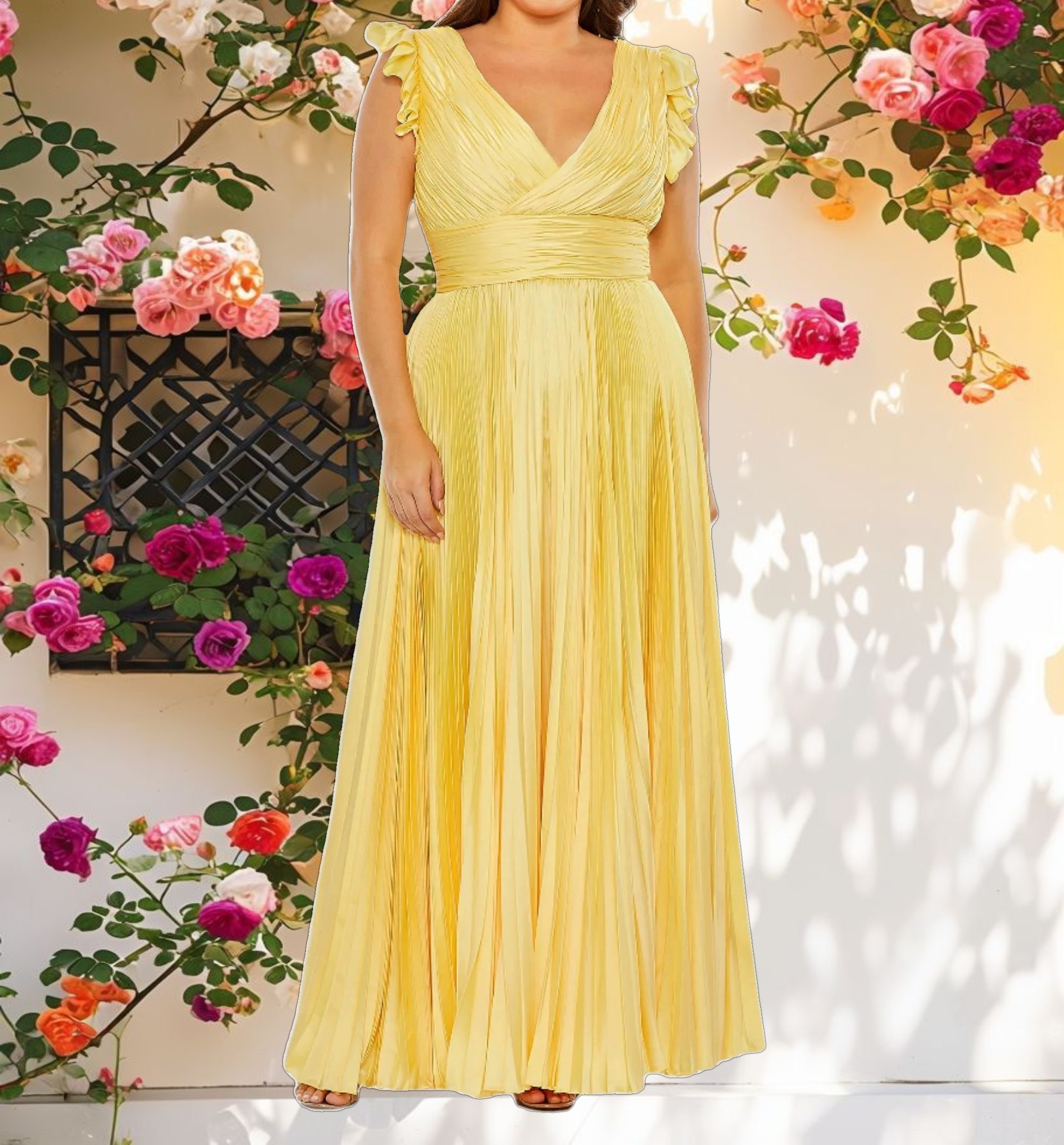 Yellow Flutter Sleeve Pleated V Neck Gown