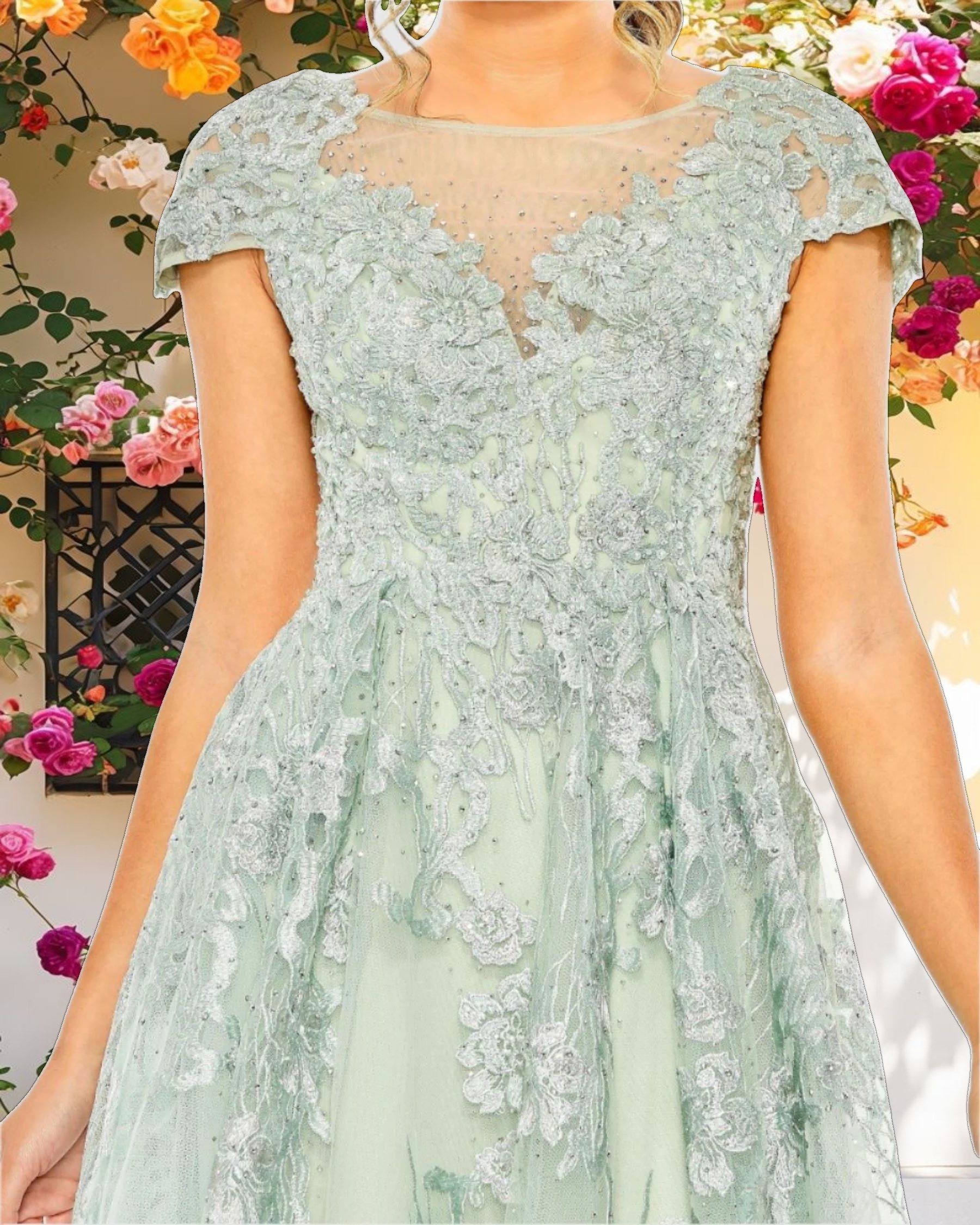 Green Embroidered Cap Sleeve A Line Dress