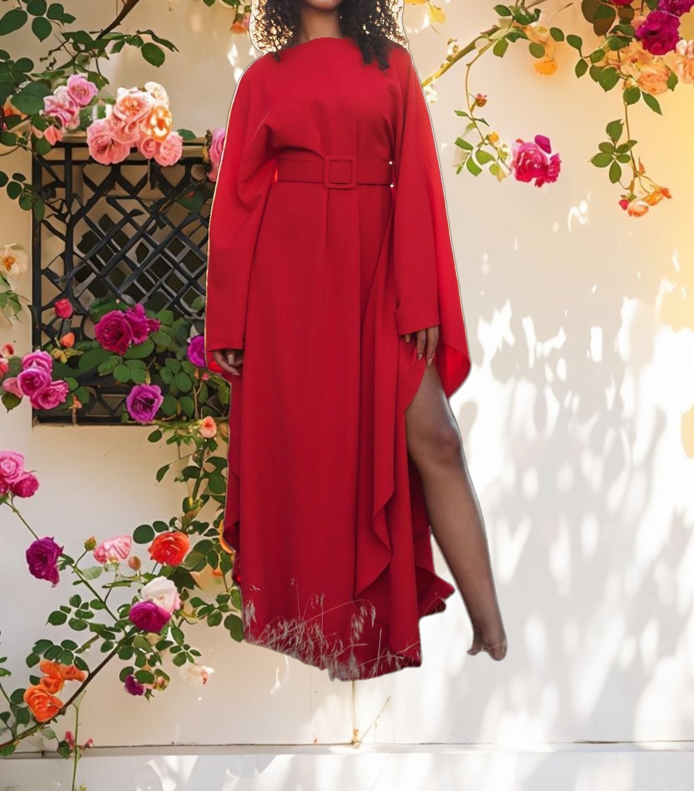 Red Crepe Boat Neck Caftan Maxi Dress With Belt