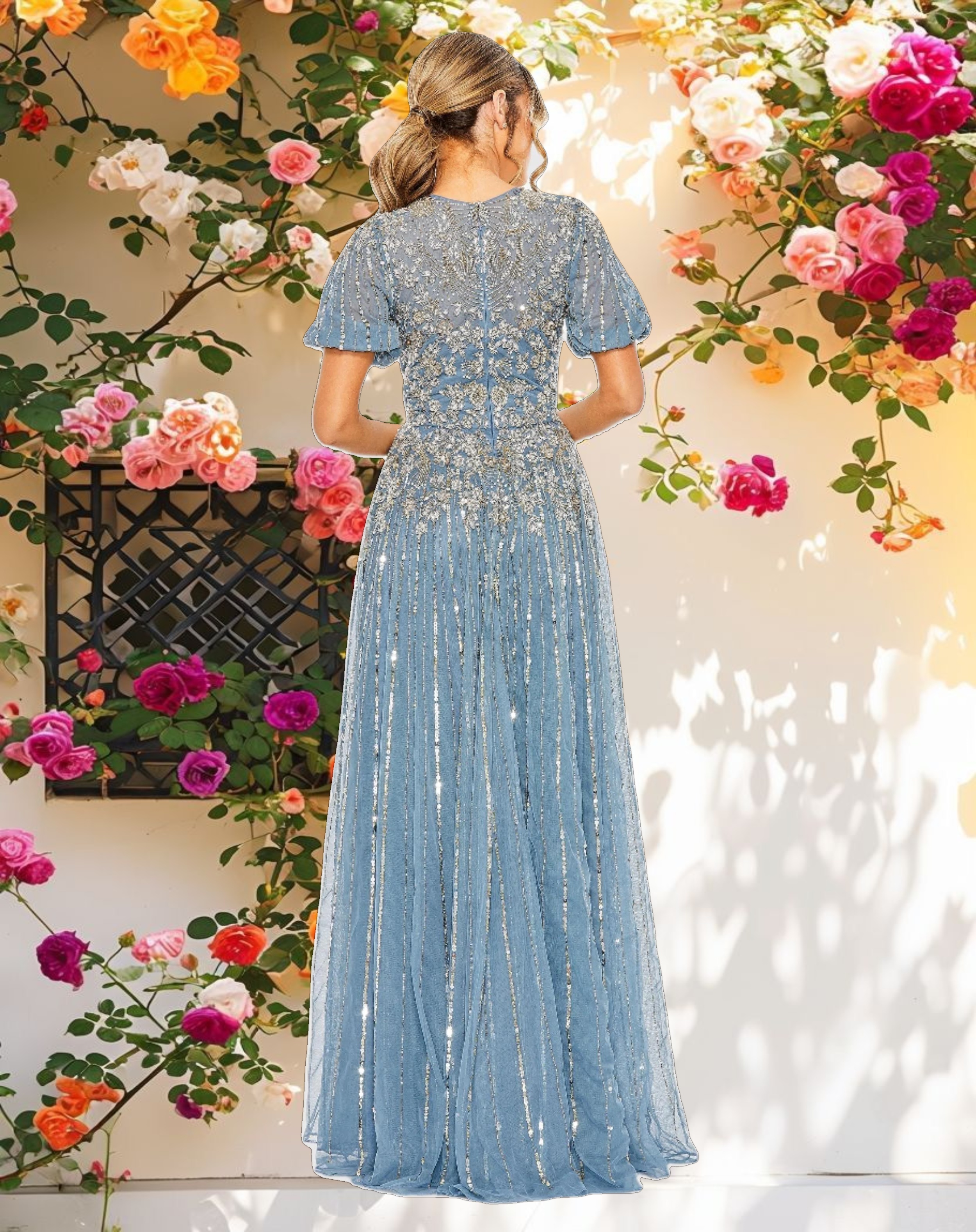 Blue High Neck Puff Sleeve Embellished A Line Gown