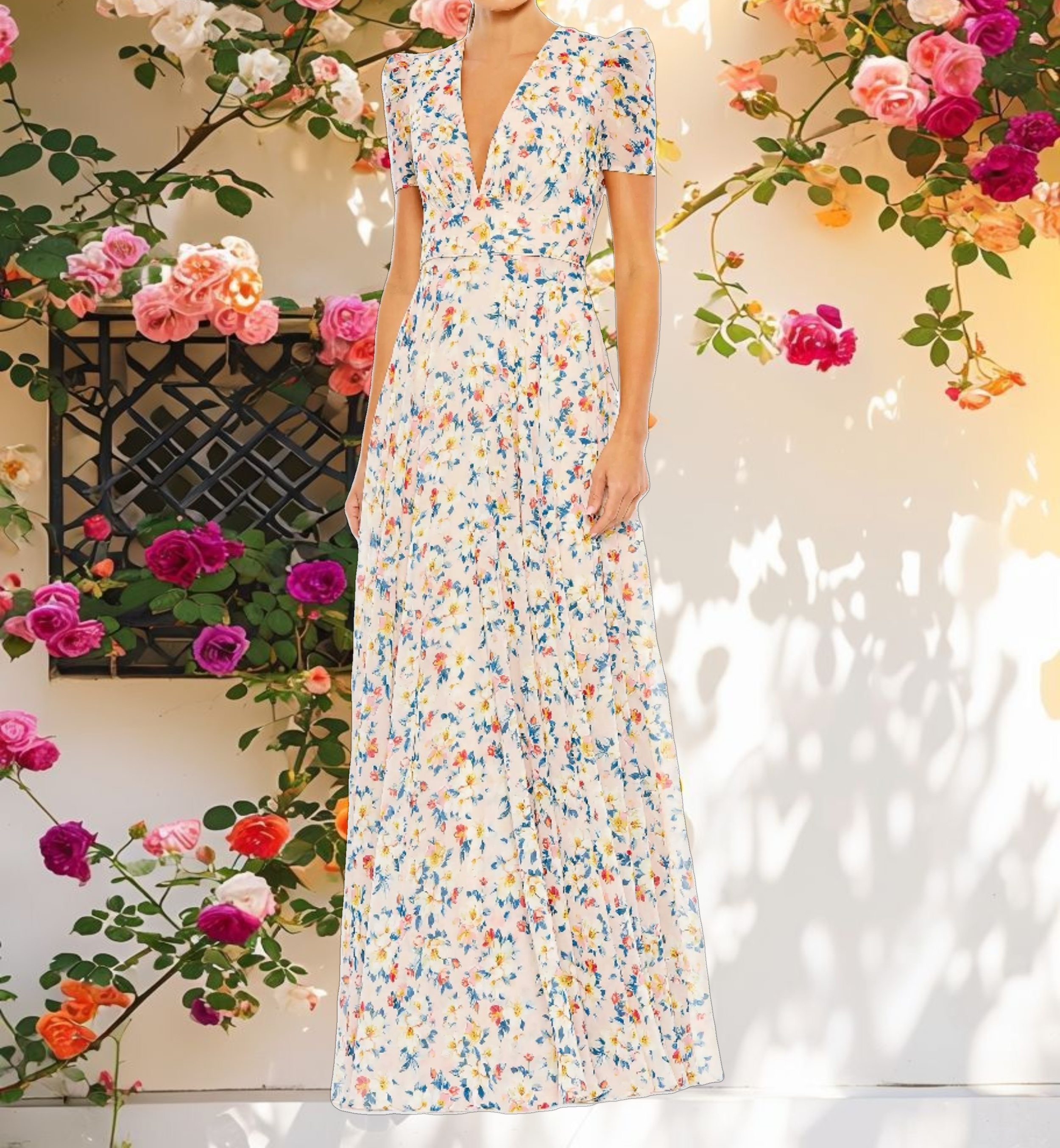 Pink Floral Print V Neck Puff Sleeve Flowy Gown