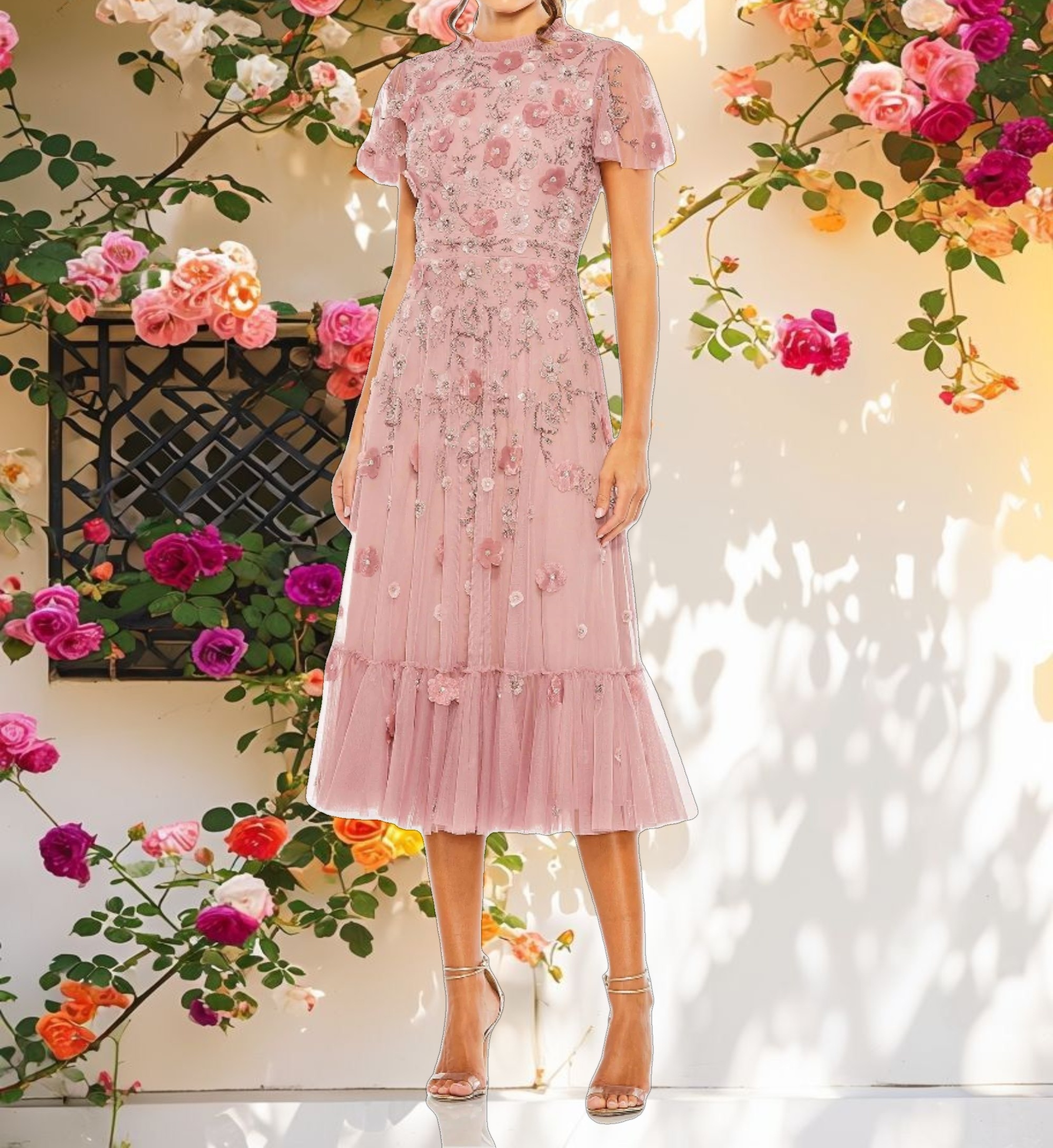 Studded High Neck Cap Sleeve A Line Dress