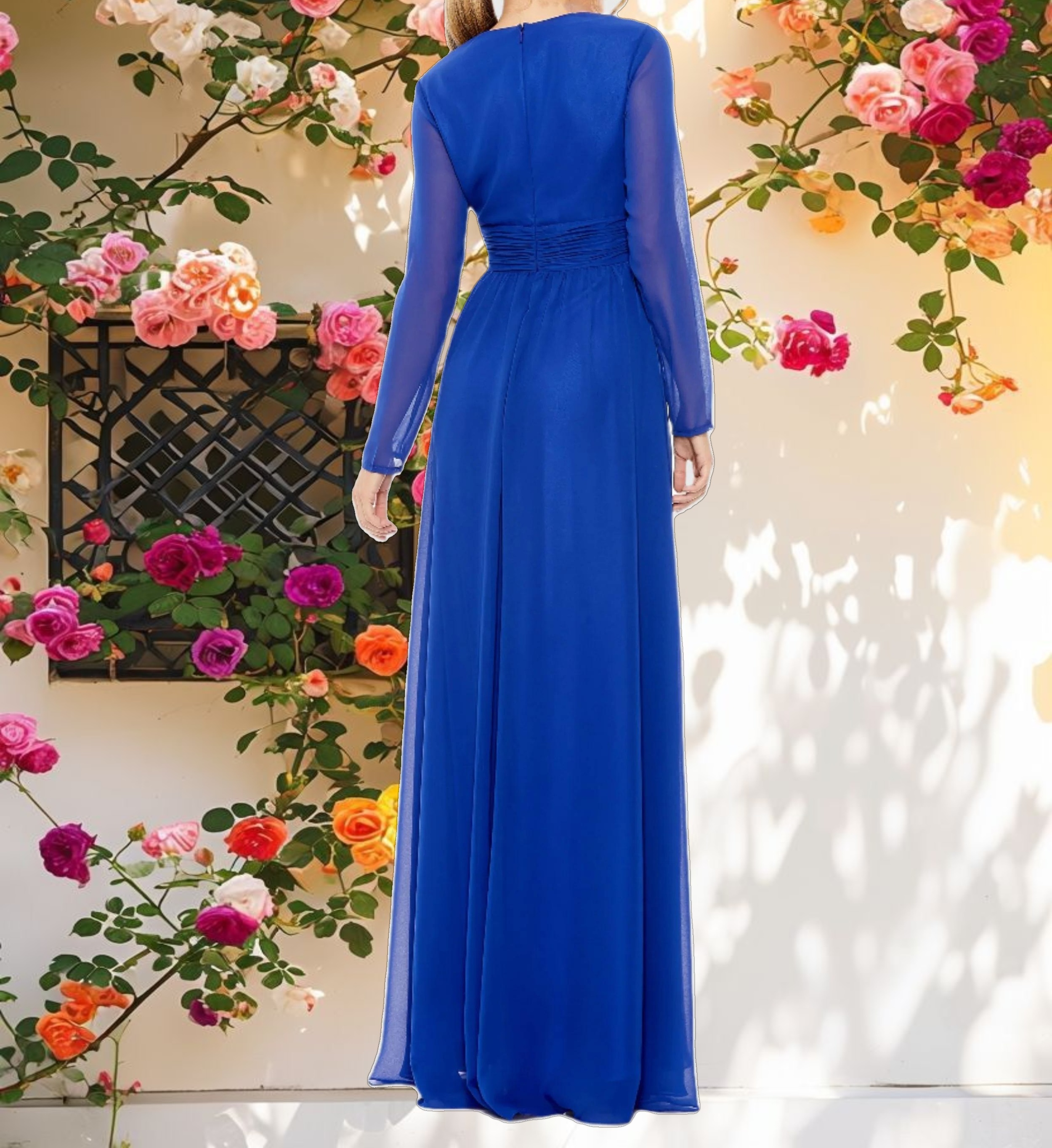Blue V Neck Front Twist Long Sleeve Gown