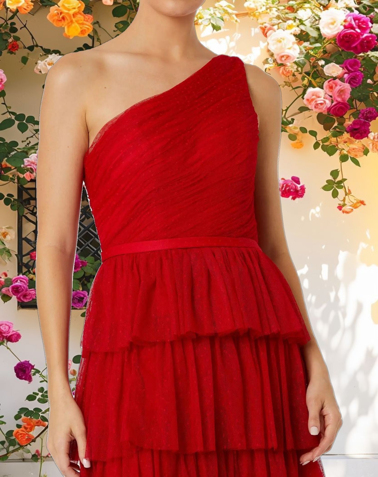 One Shoulder Layered Tiered Tulle Gown