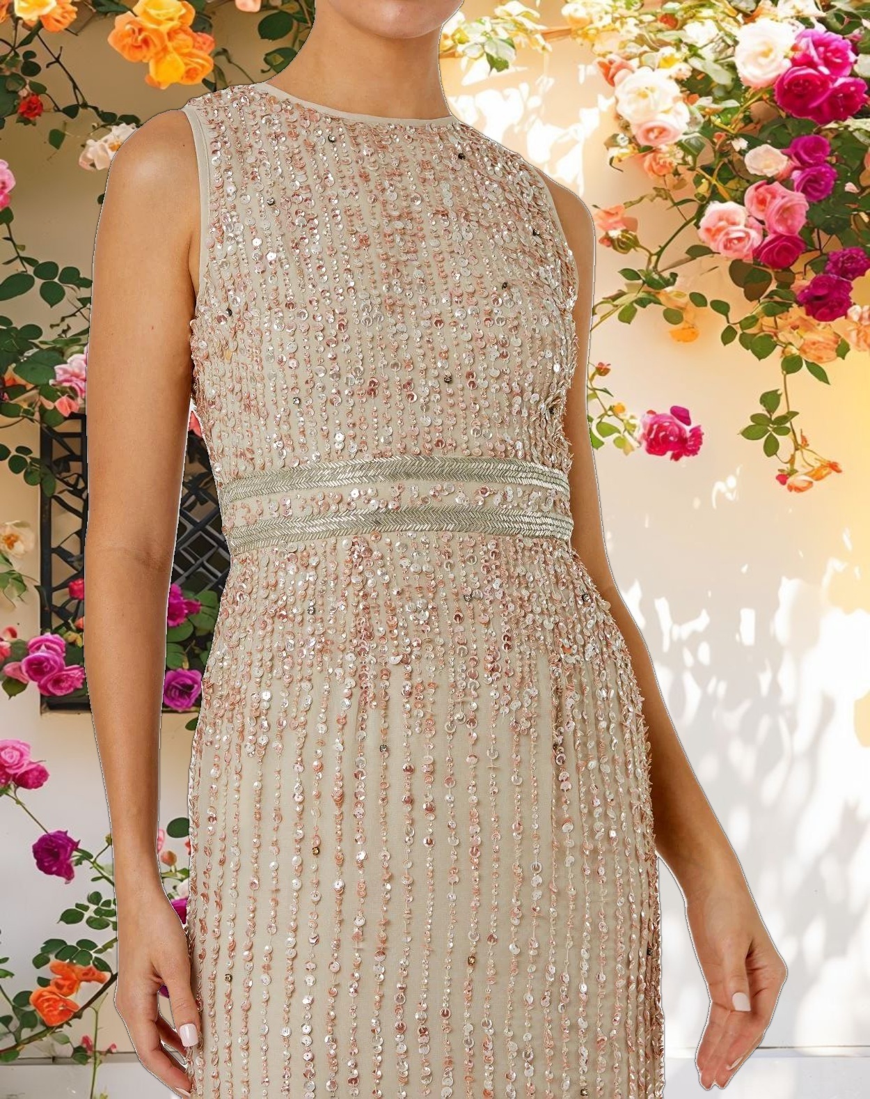 Beige Sequined High Neck Sleeveless Column Gown