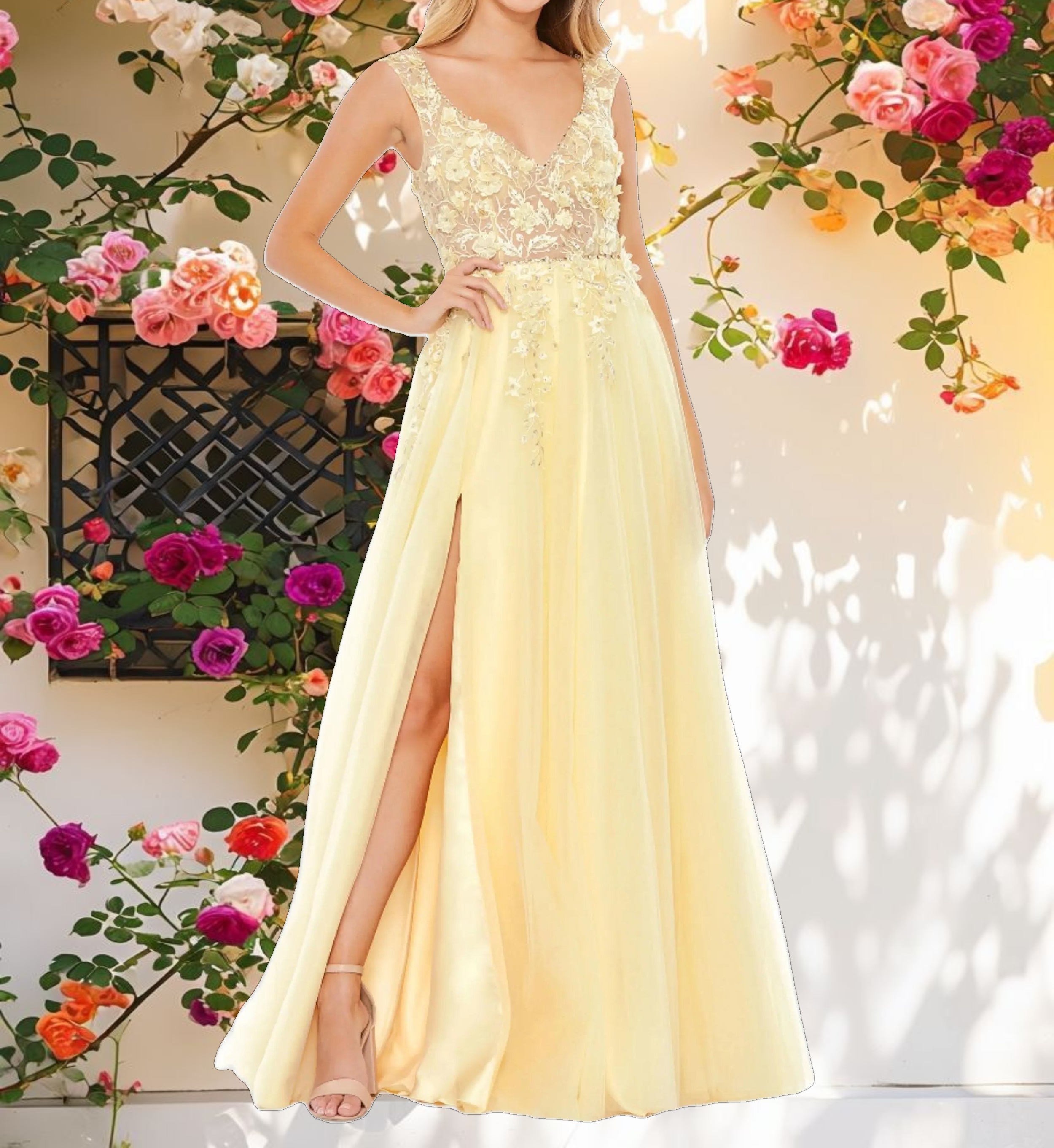 Yellow Embellished Illusion Bustier A Line Gown