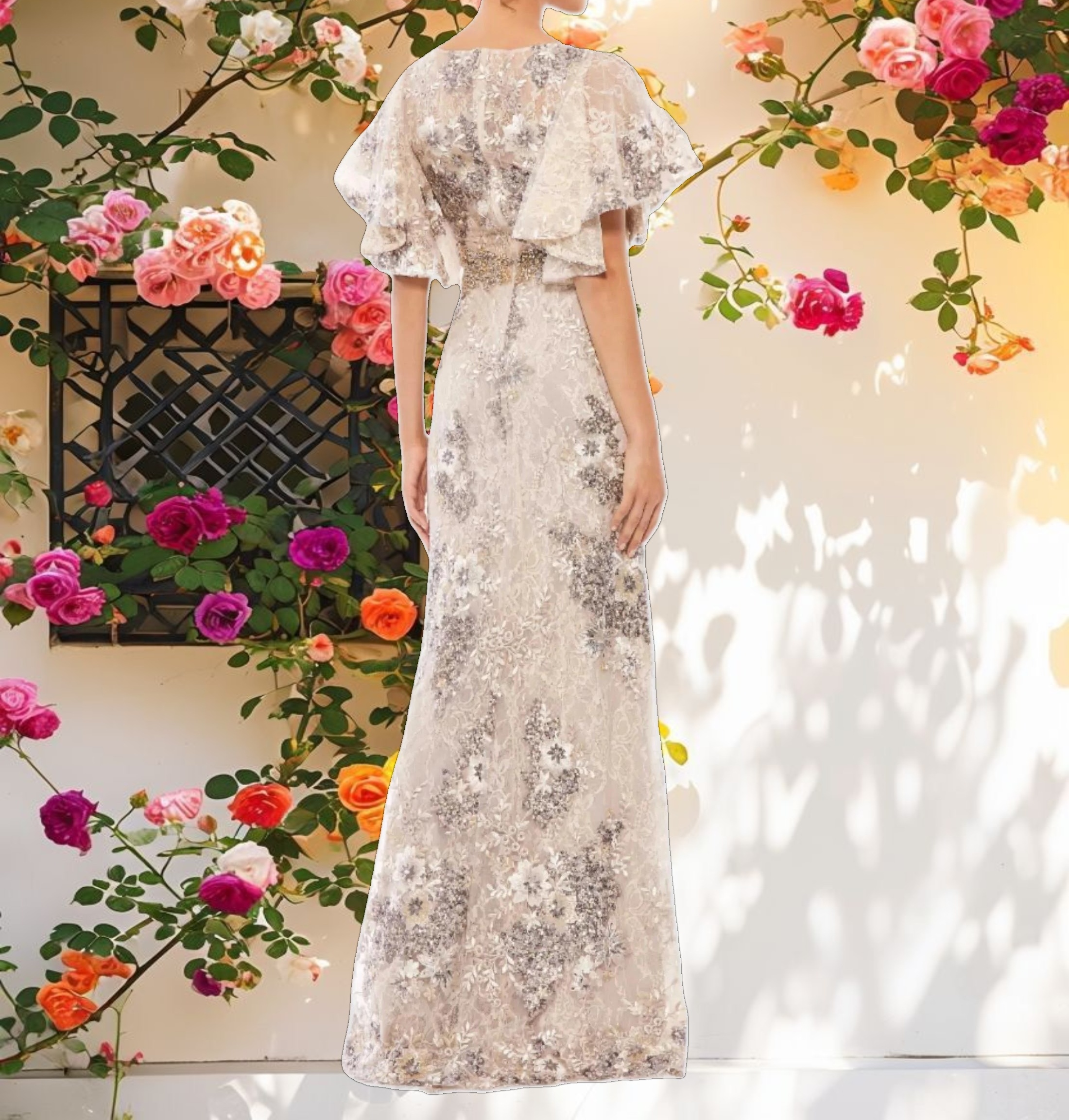 Beige Bell Sleeve Floral Embellished Gown