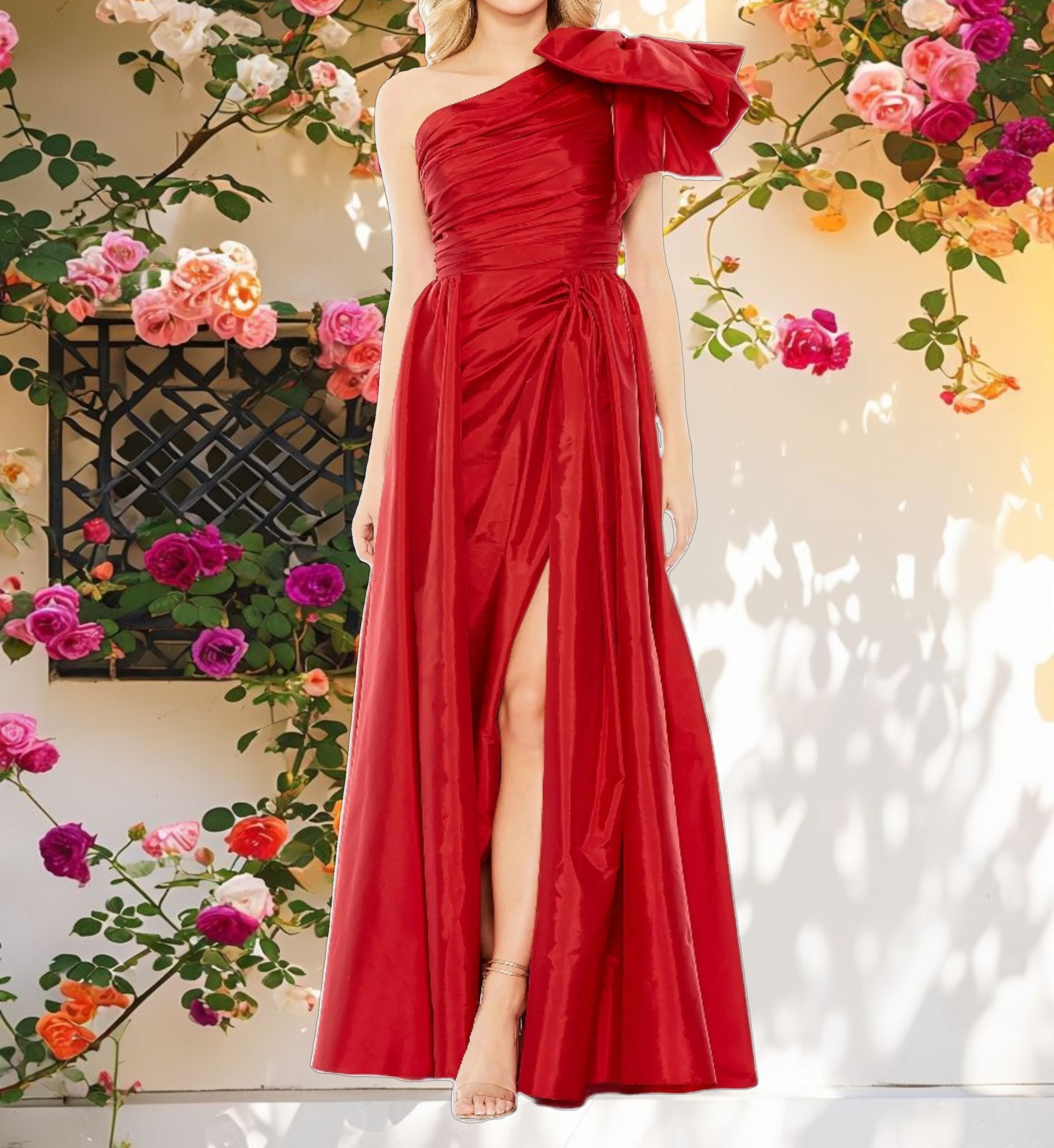 Draped Bow One Shoulder Over Skirt Gown