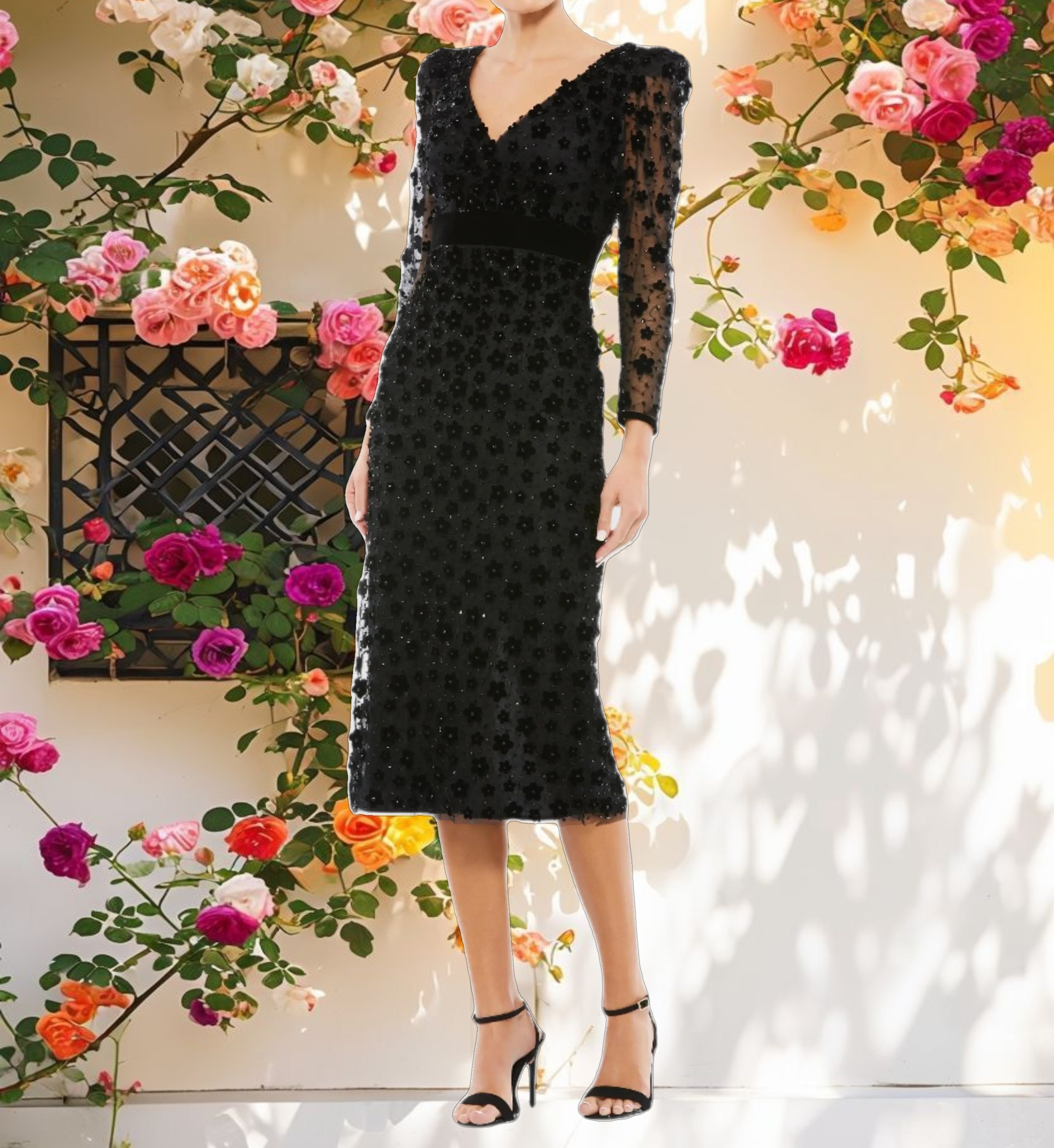 Embellished V Neck Illusion Long Sleeve Column Midi