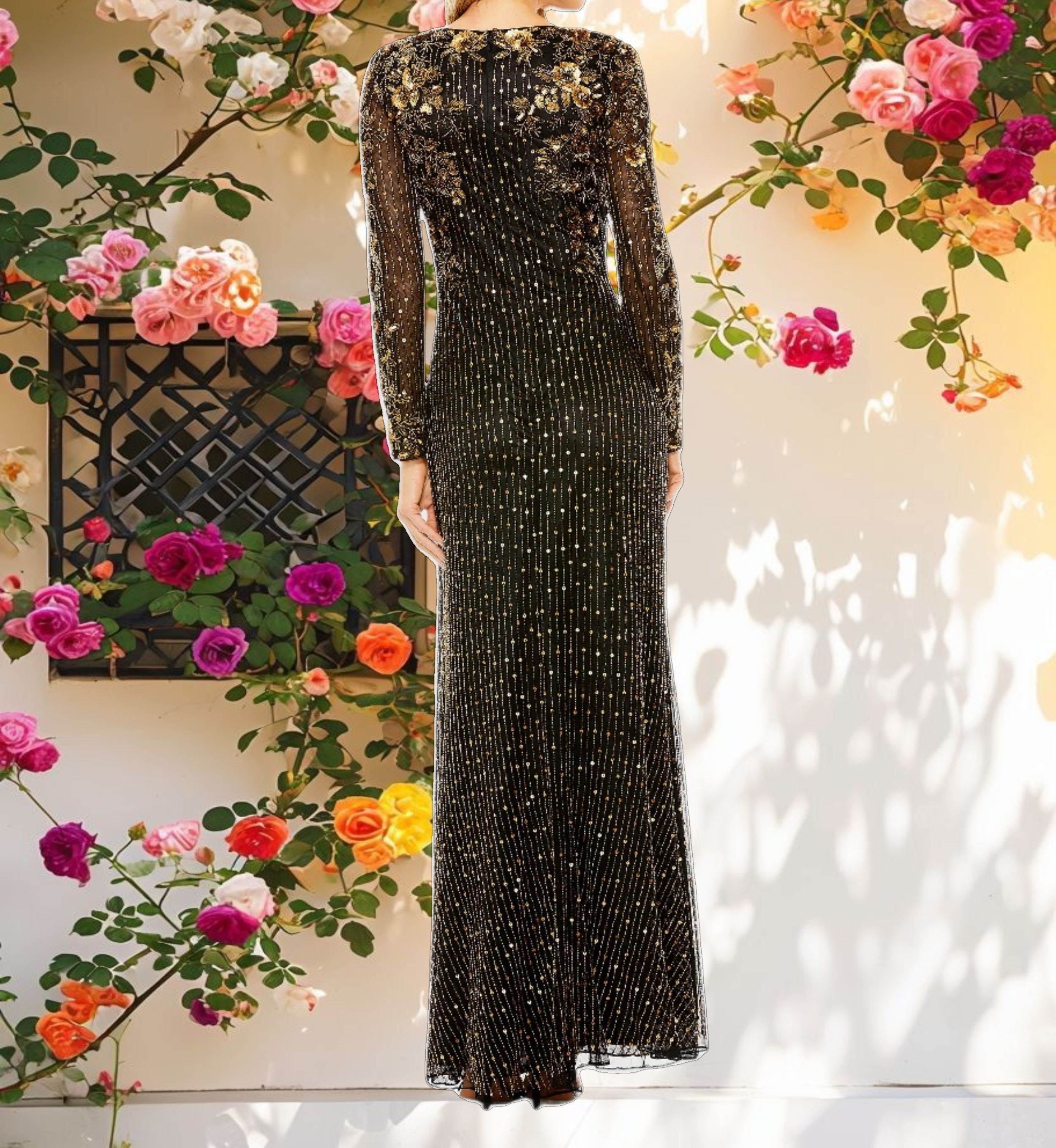 High Neck Long Sleeve Embellished Gown