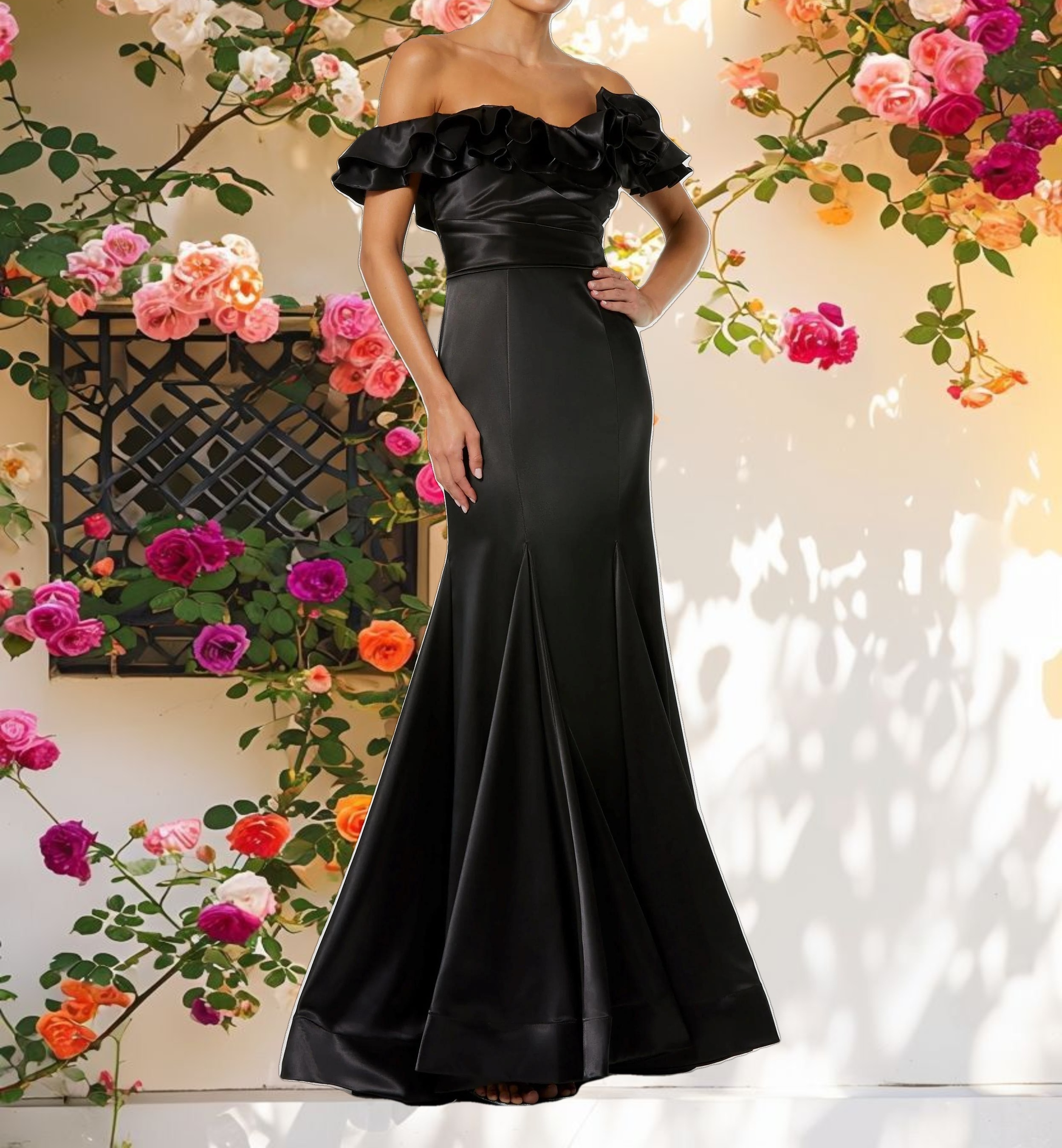 Black Satin Ruffle Off the Shoulder Mermaid Gown