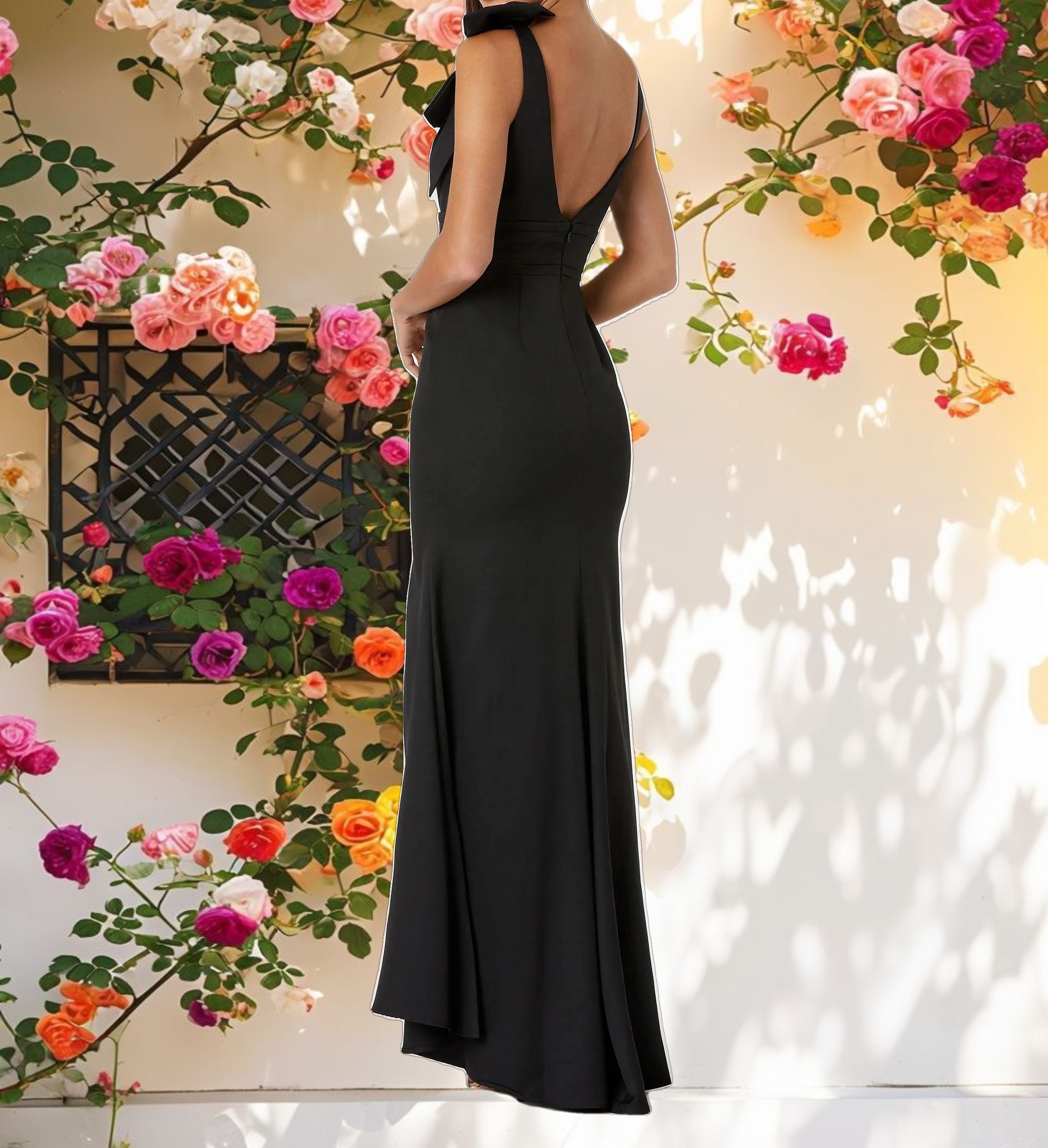 Black Sleeveless V Neck Bow Detail Mermaid Gown