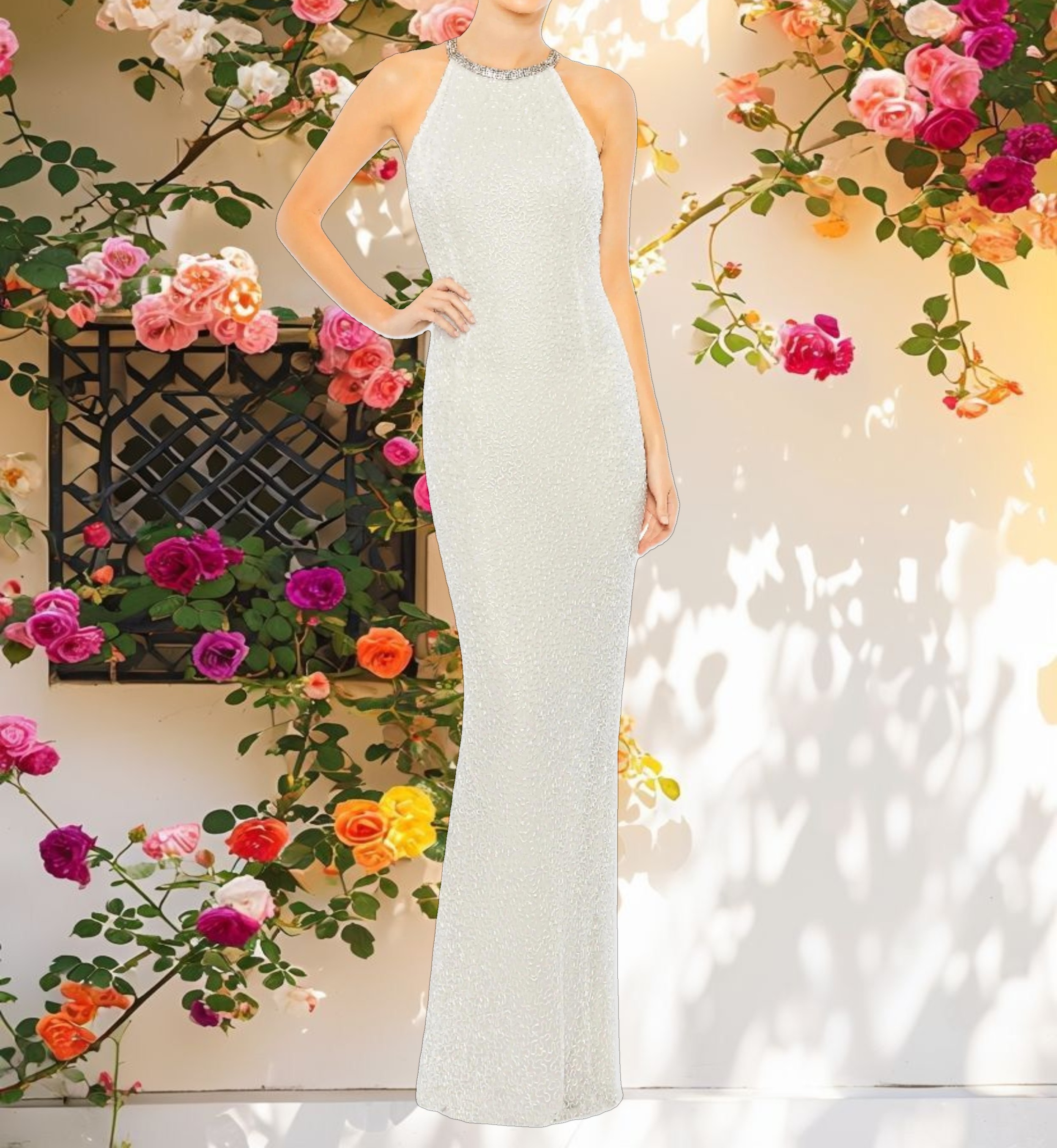 White Beaded Sleeveless High Neck Column Gown