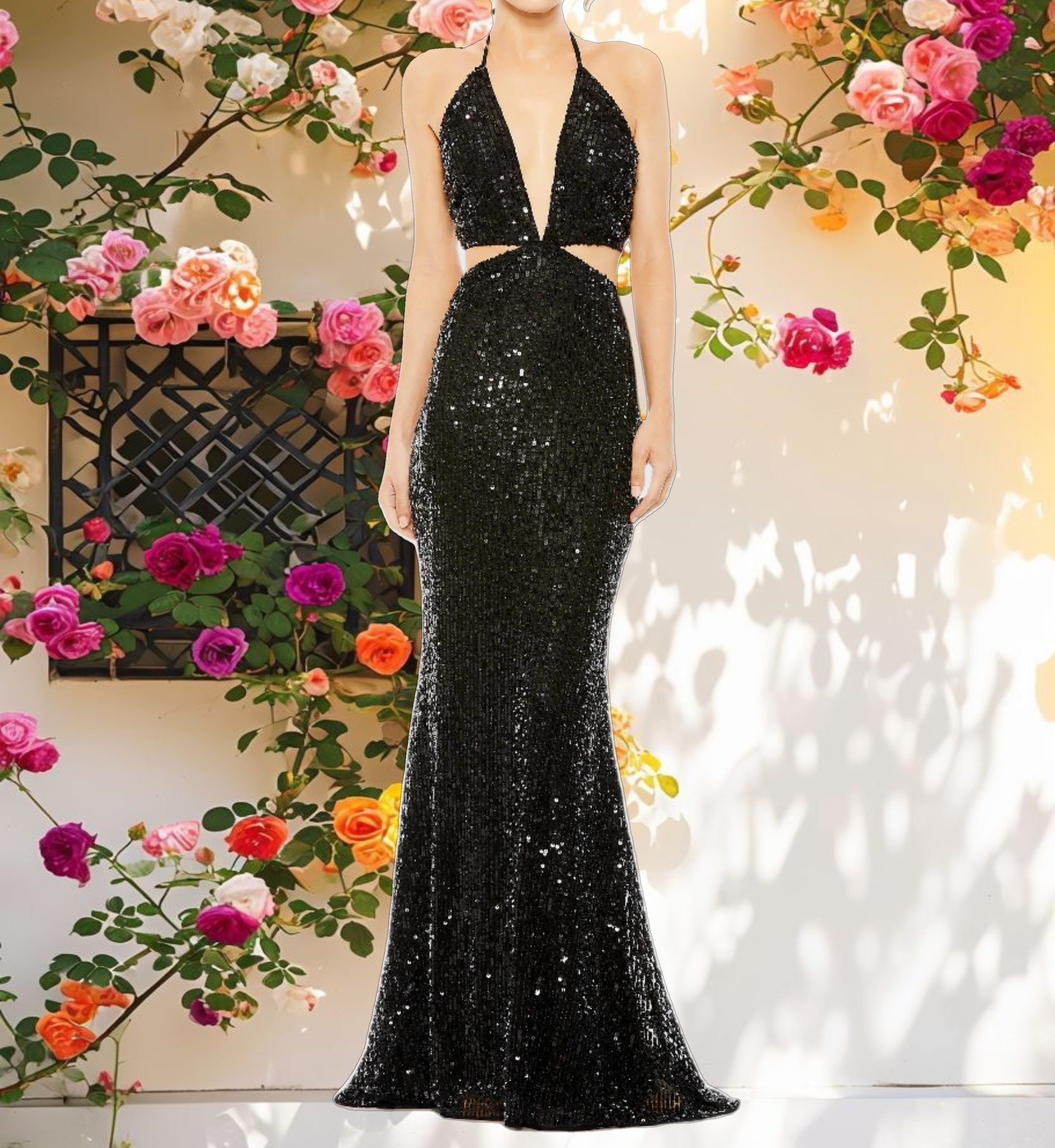 Cut Out Halter Tie Back Sequin Gown