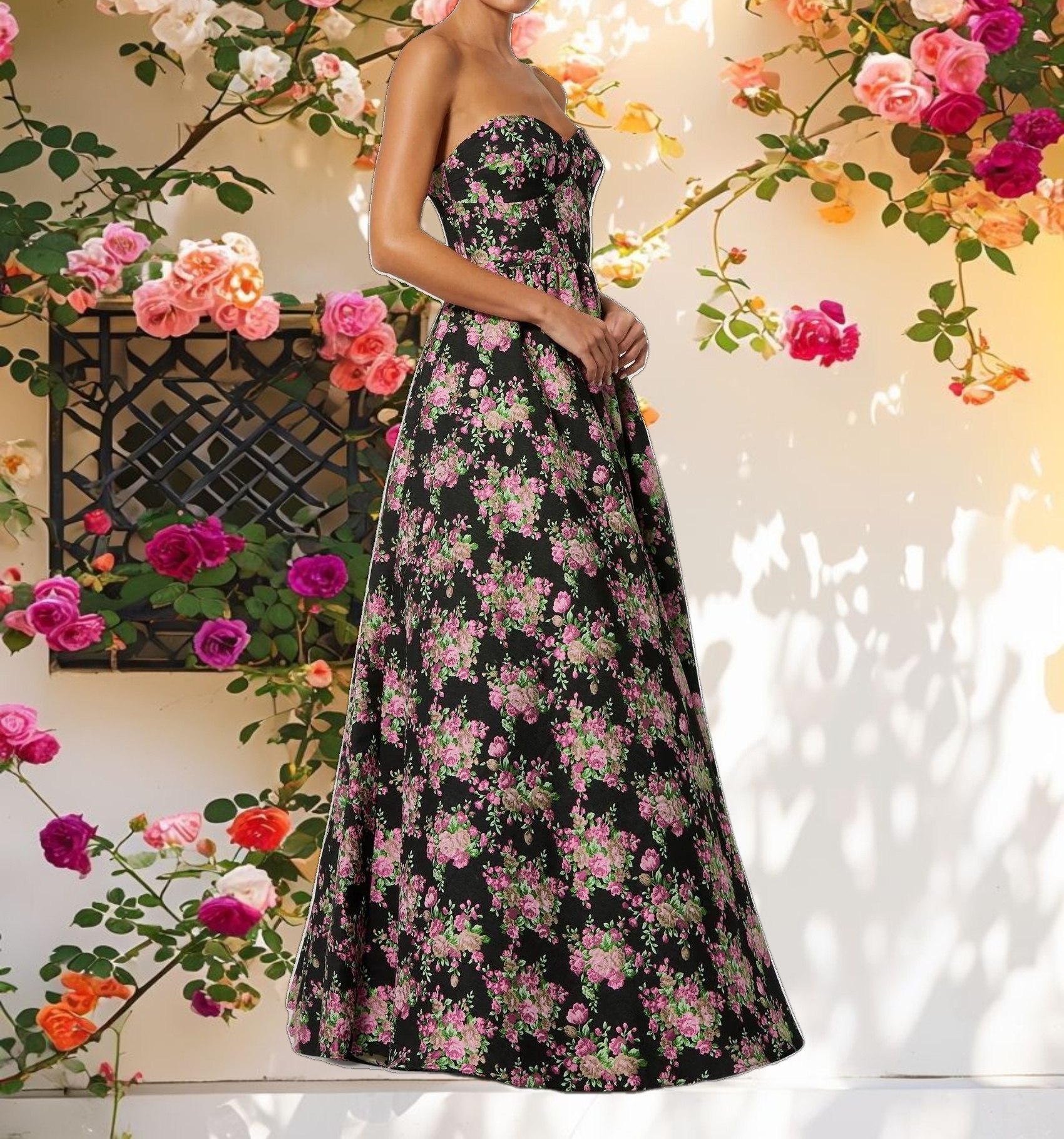 Black Strapless Sweetheart Brocade Floral A Line Gown