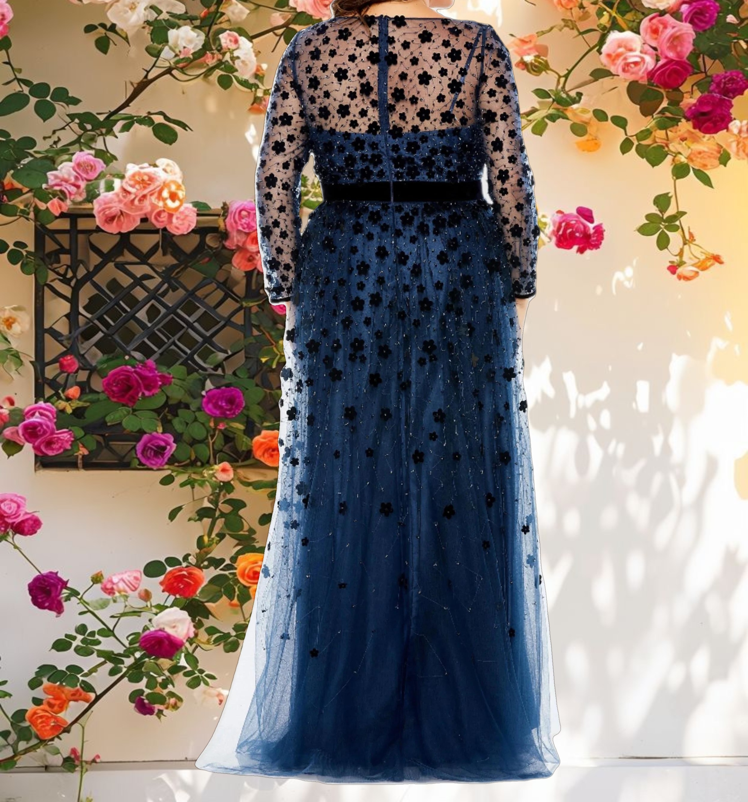 Blue Floral Patch Long Sleeve A Line Dress