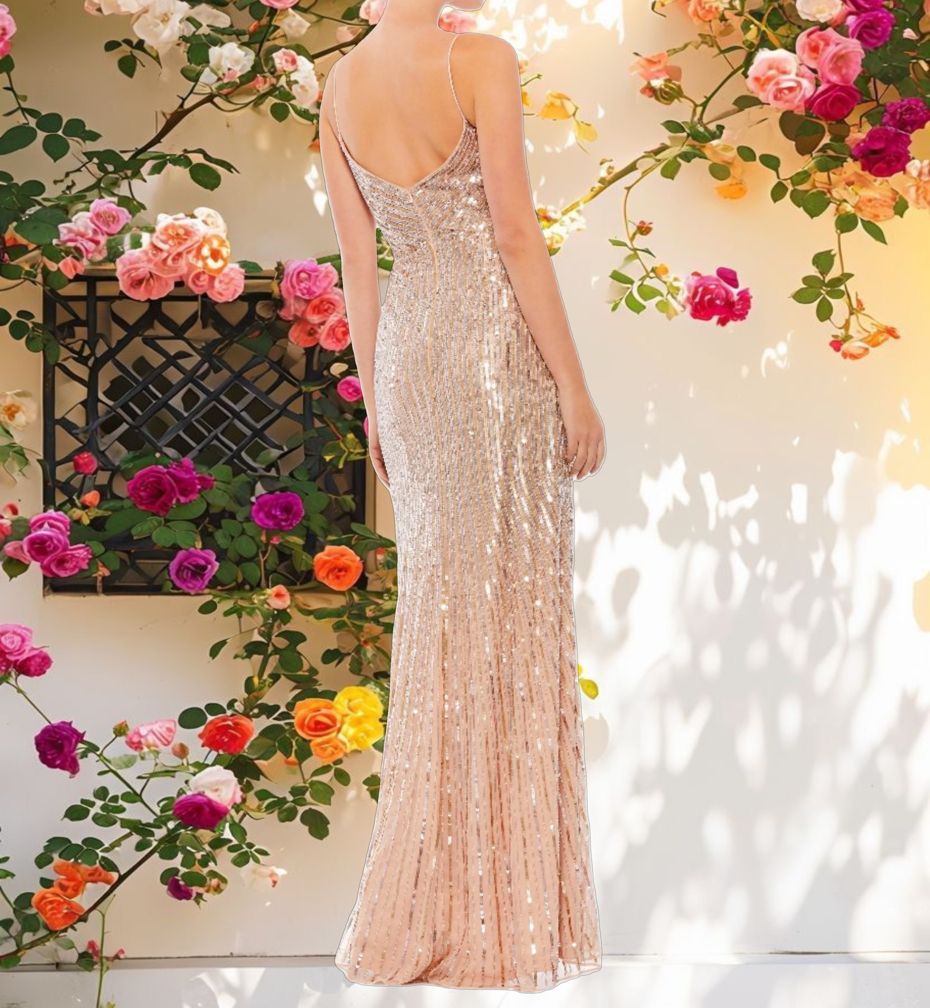 Gold Sequin Spaghetti Strap Gown