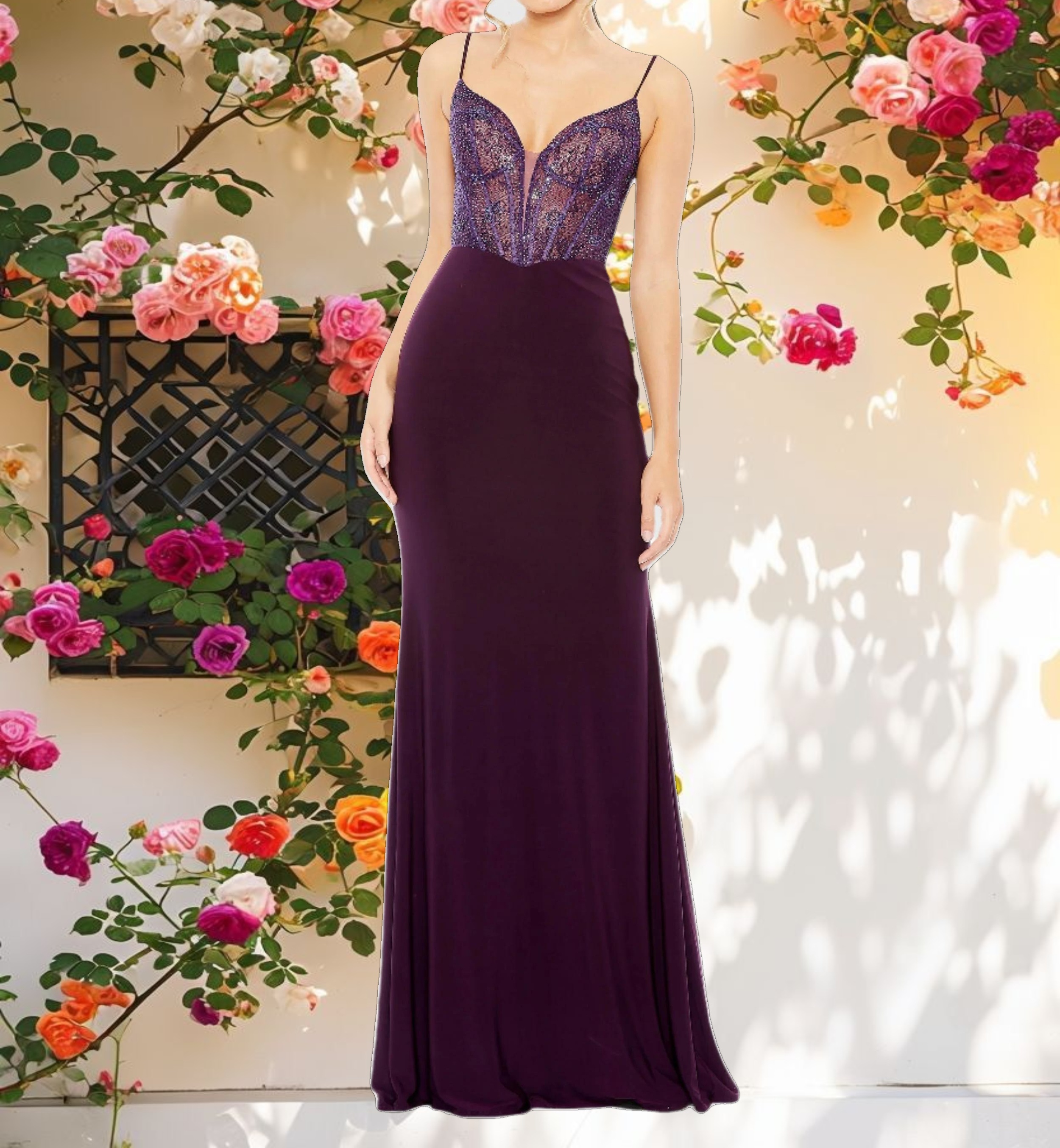 Purple Sweetheart Mesh Embellished Gown