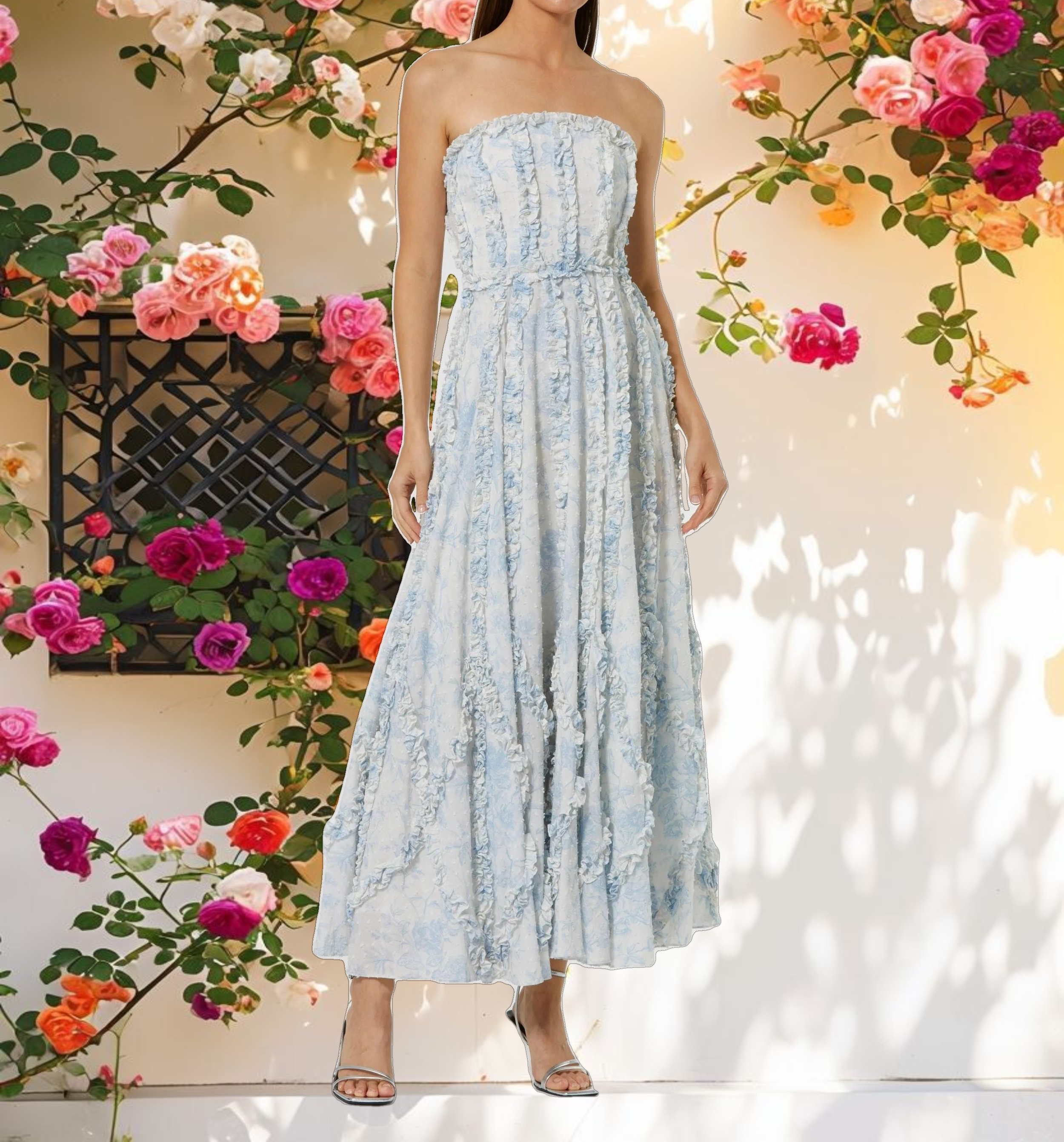 Blue and White Strapless Ruffle Floral Cotton Midi Dress