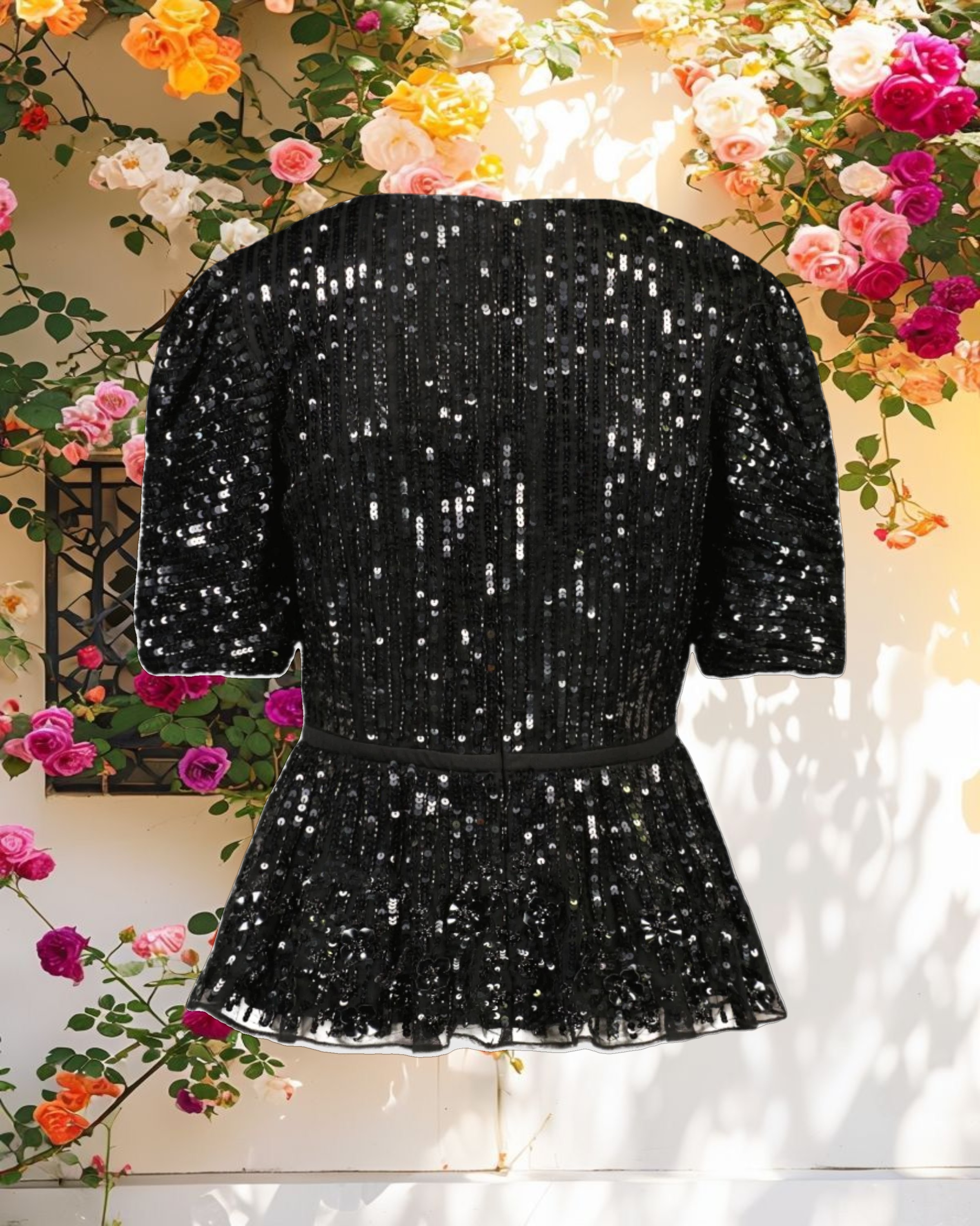 Black Sequined Puff Sleeve Faux Wrap Top