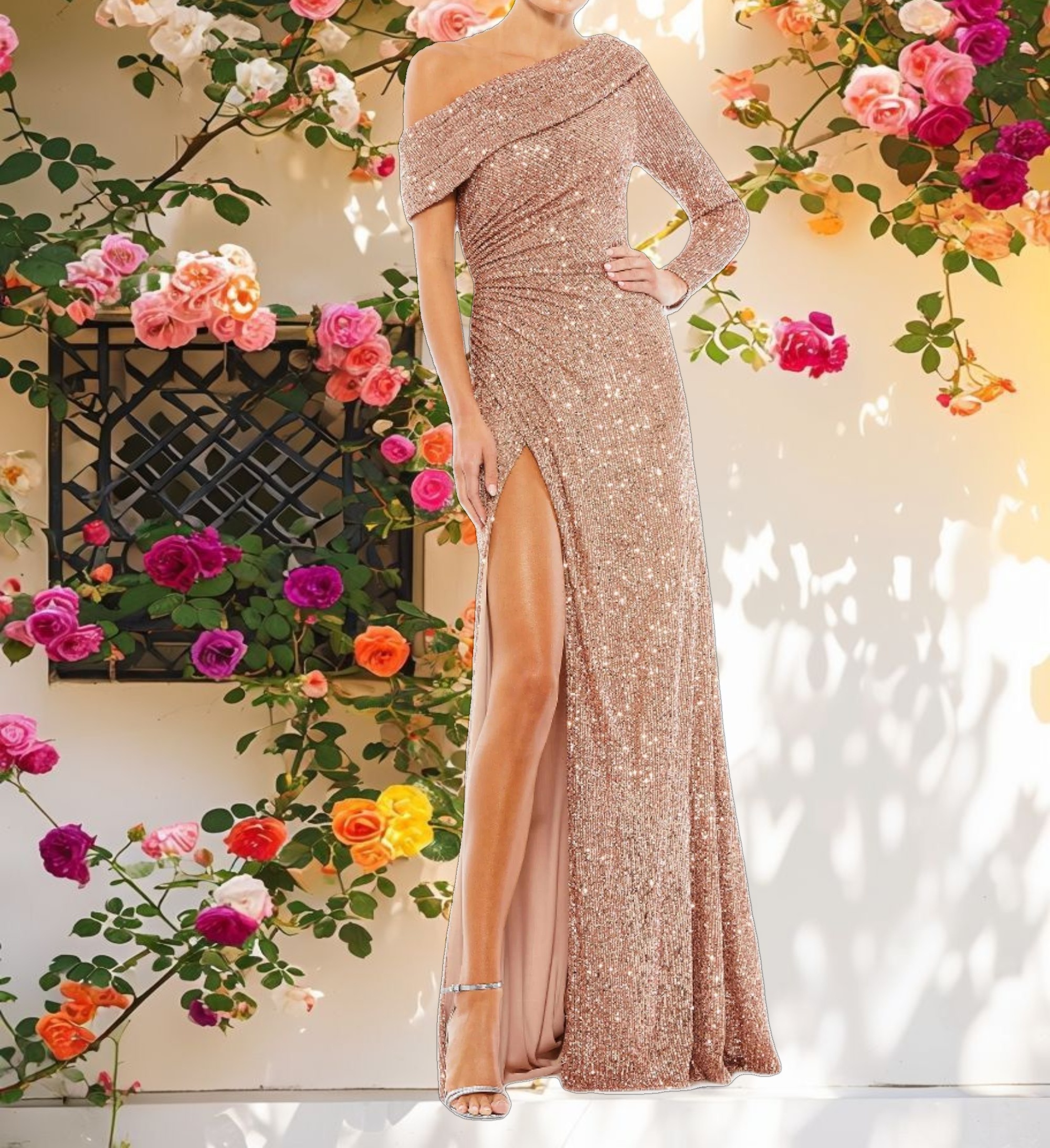 Pink Sequined Drop Shoulder Faux Wrap Gown