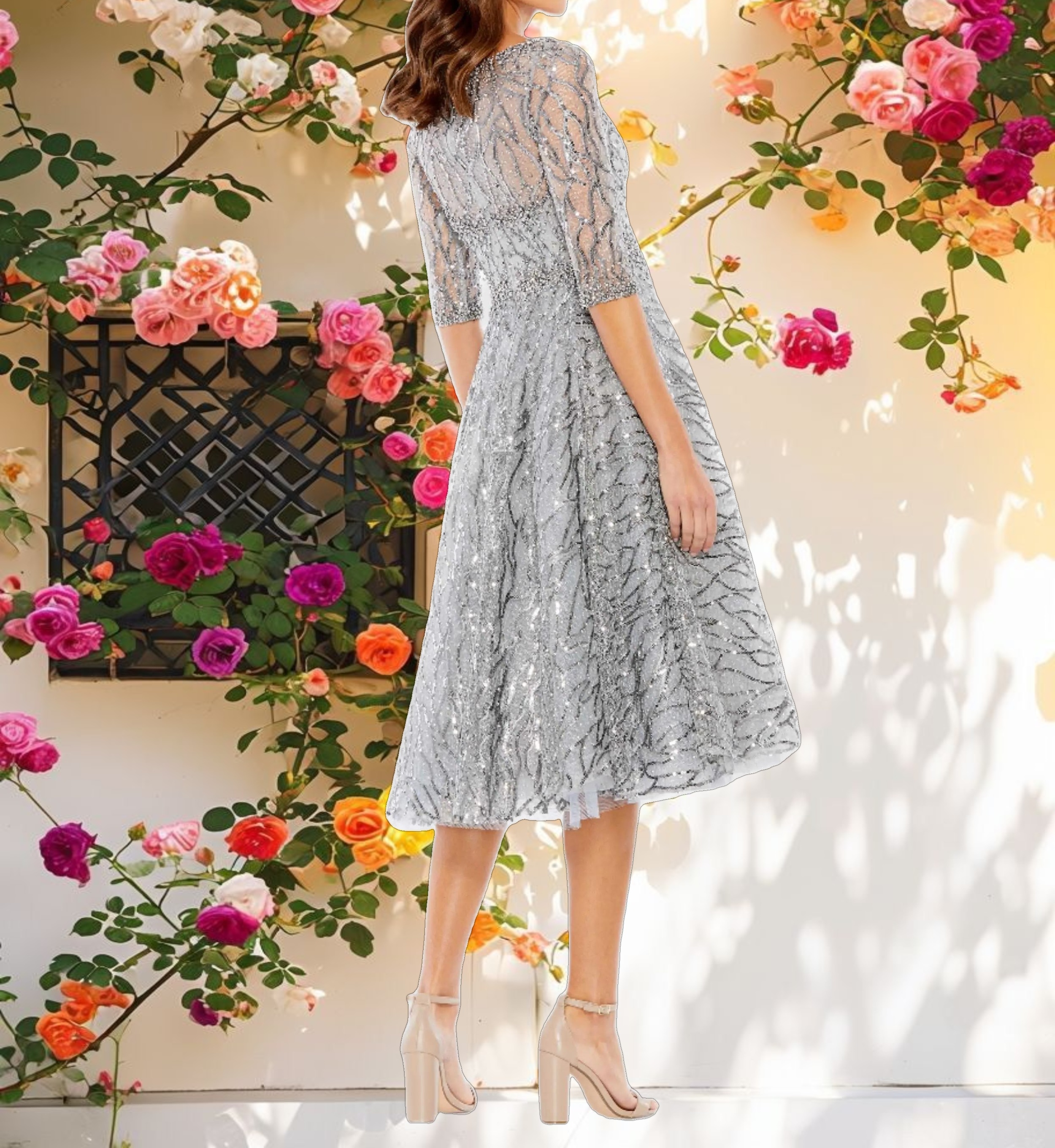 High Neck Above Elbow Sleeve Embellished A Line Dress