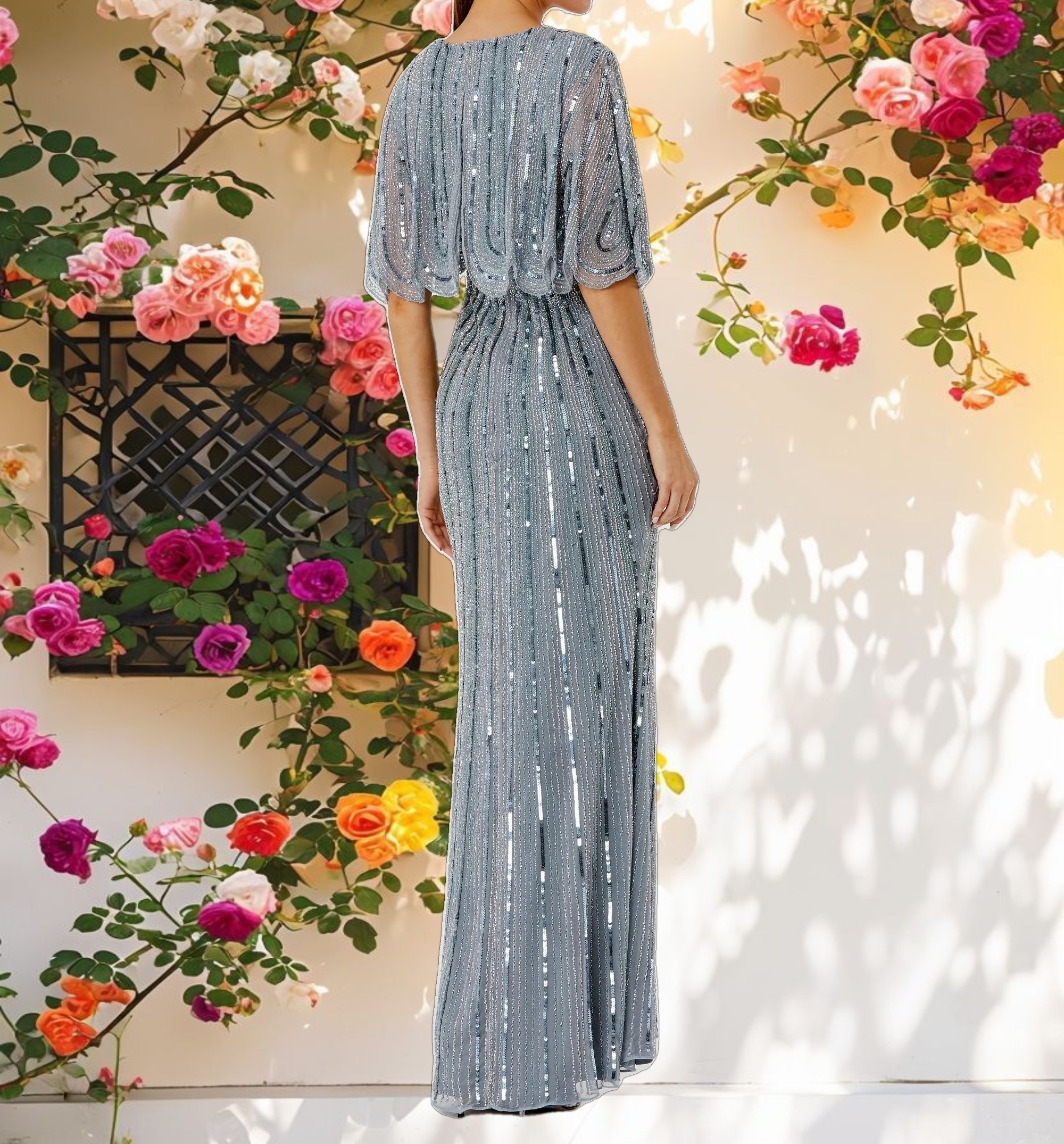 Blue Sequined V Neck Cape Sleeve Gown