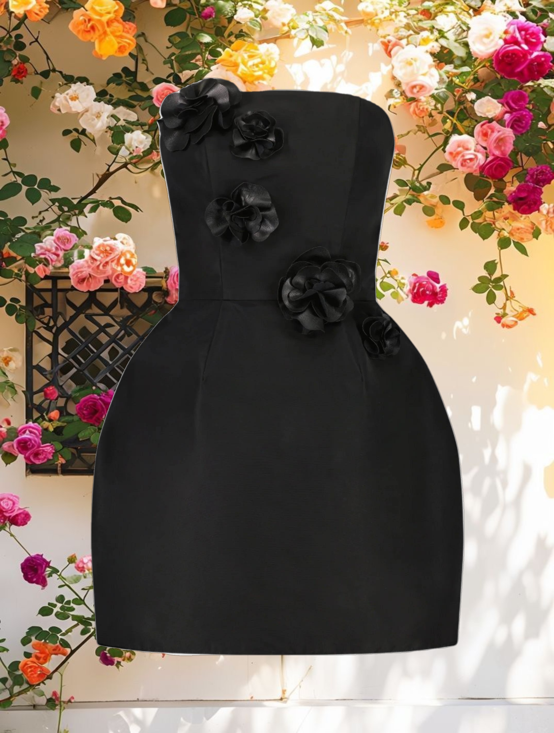 Elegant Strapless Mini Dress With Floral Details