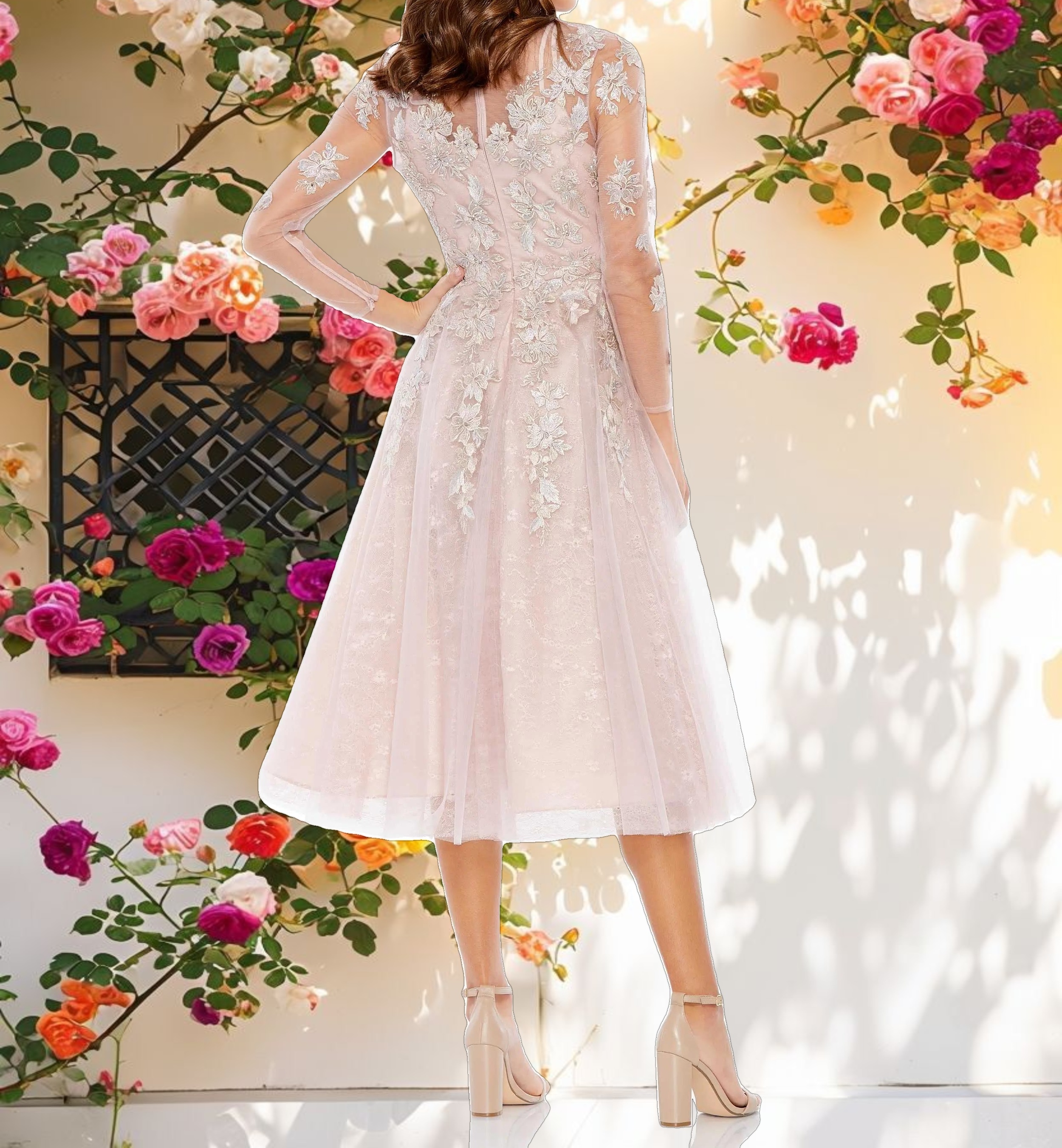 Embroidered Illusion Long Sleeve A Line Dress