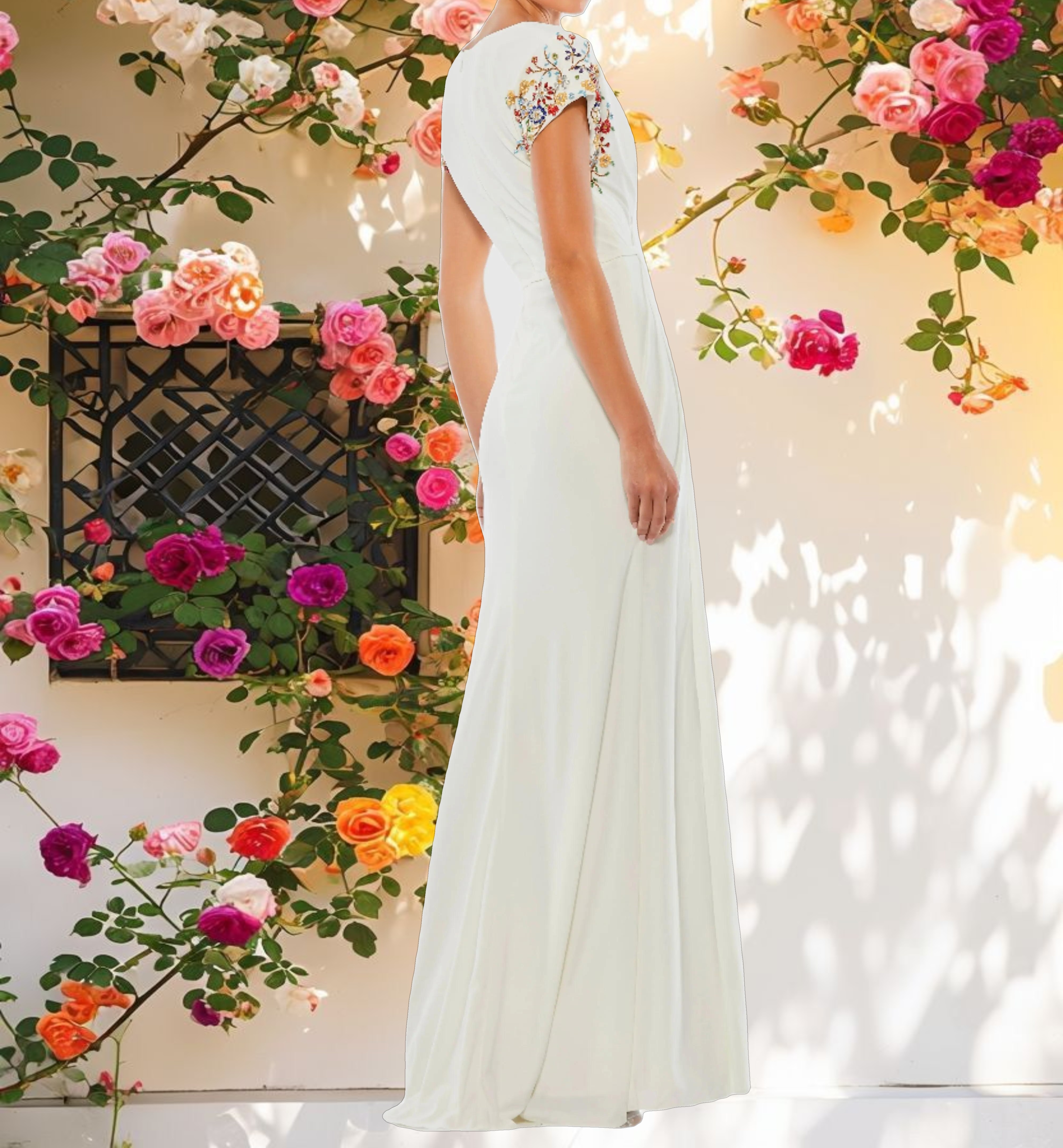 White Embellished Sleeve Jersey Wrap Gown