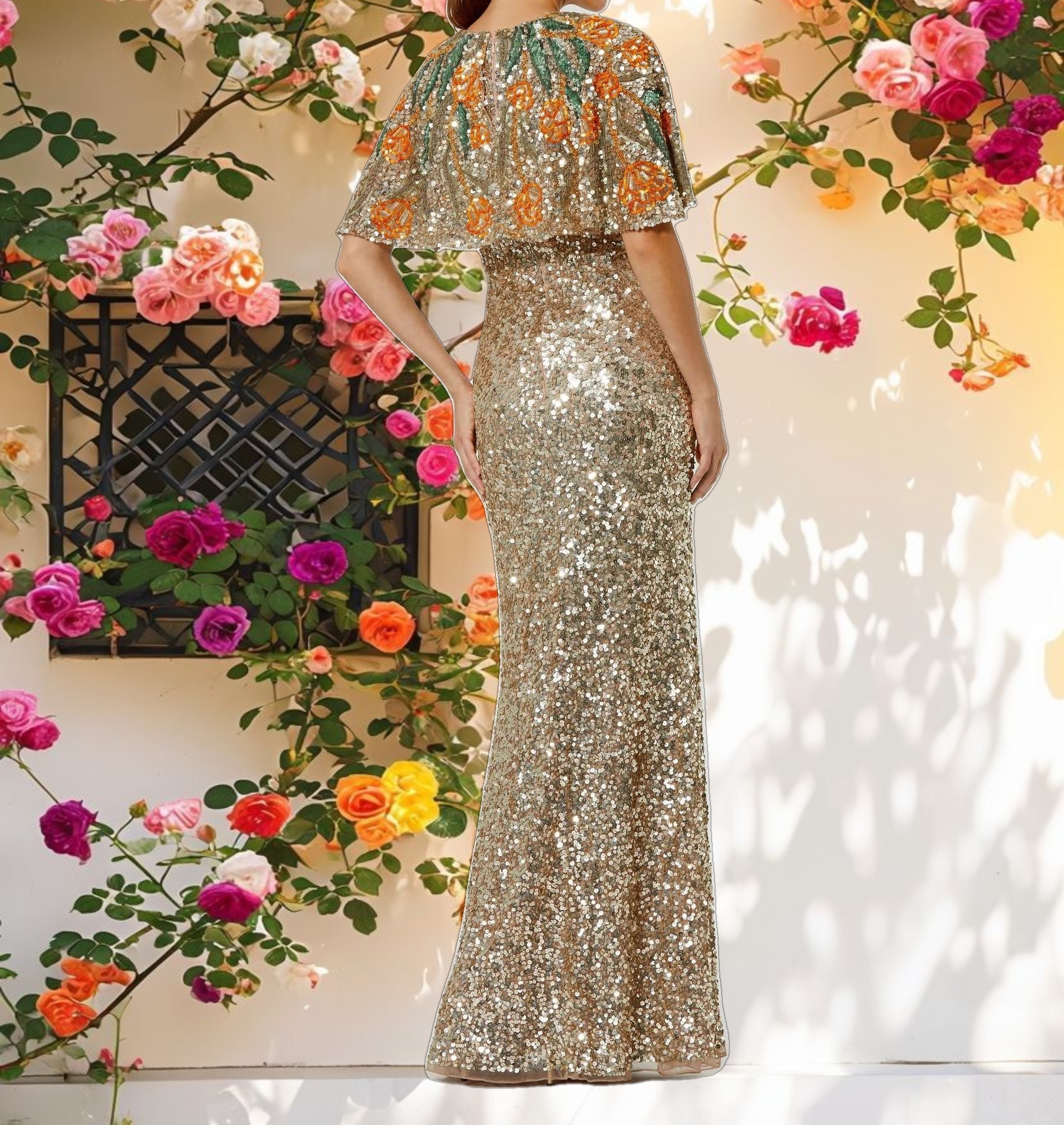 Gold Embellished Gown With Floral Beaded Shawl