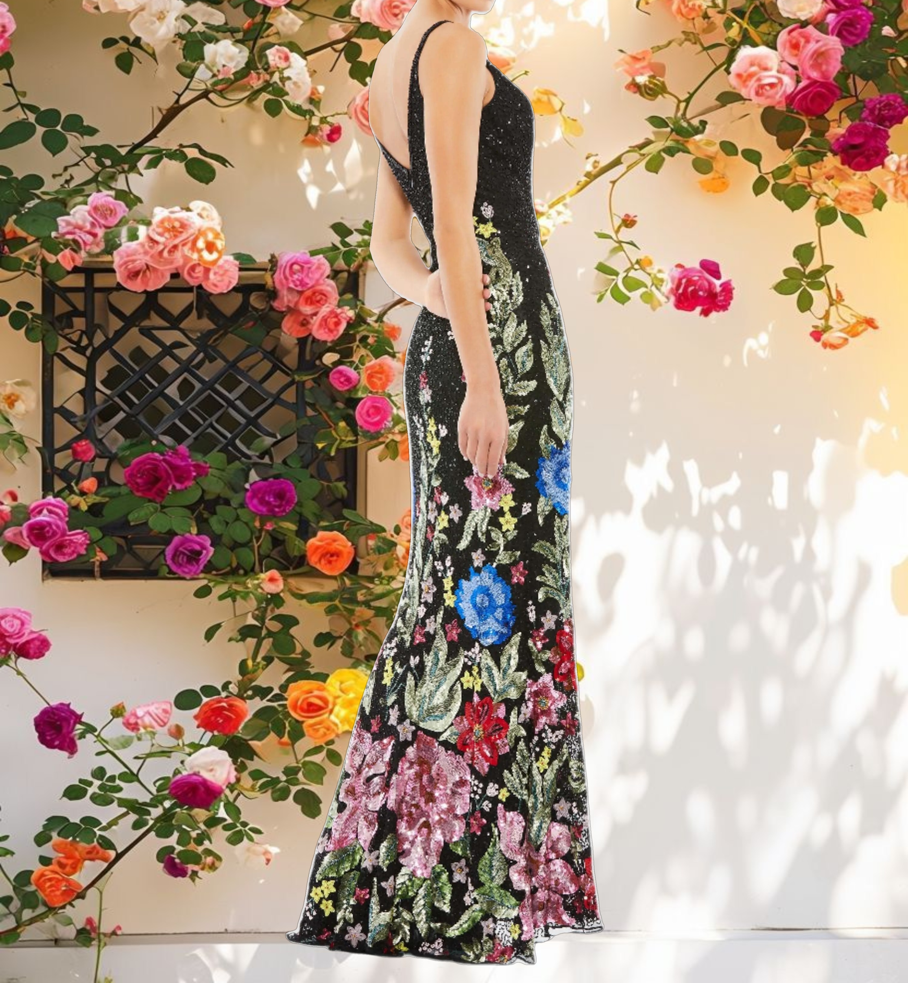 Black Floral Embellished Spaghetti Strap Gown