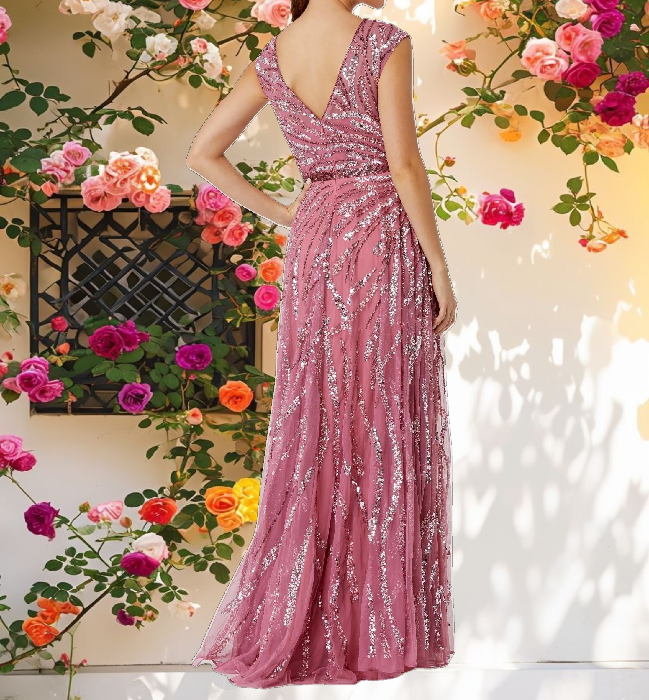 Pink Cap Sleeve Embellished Evening Gown