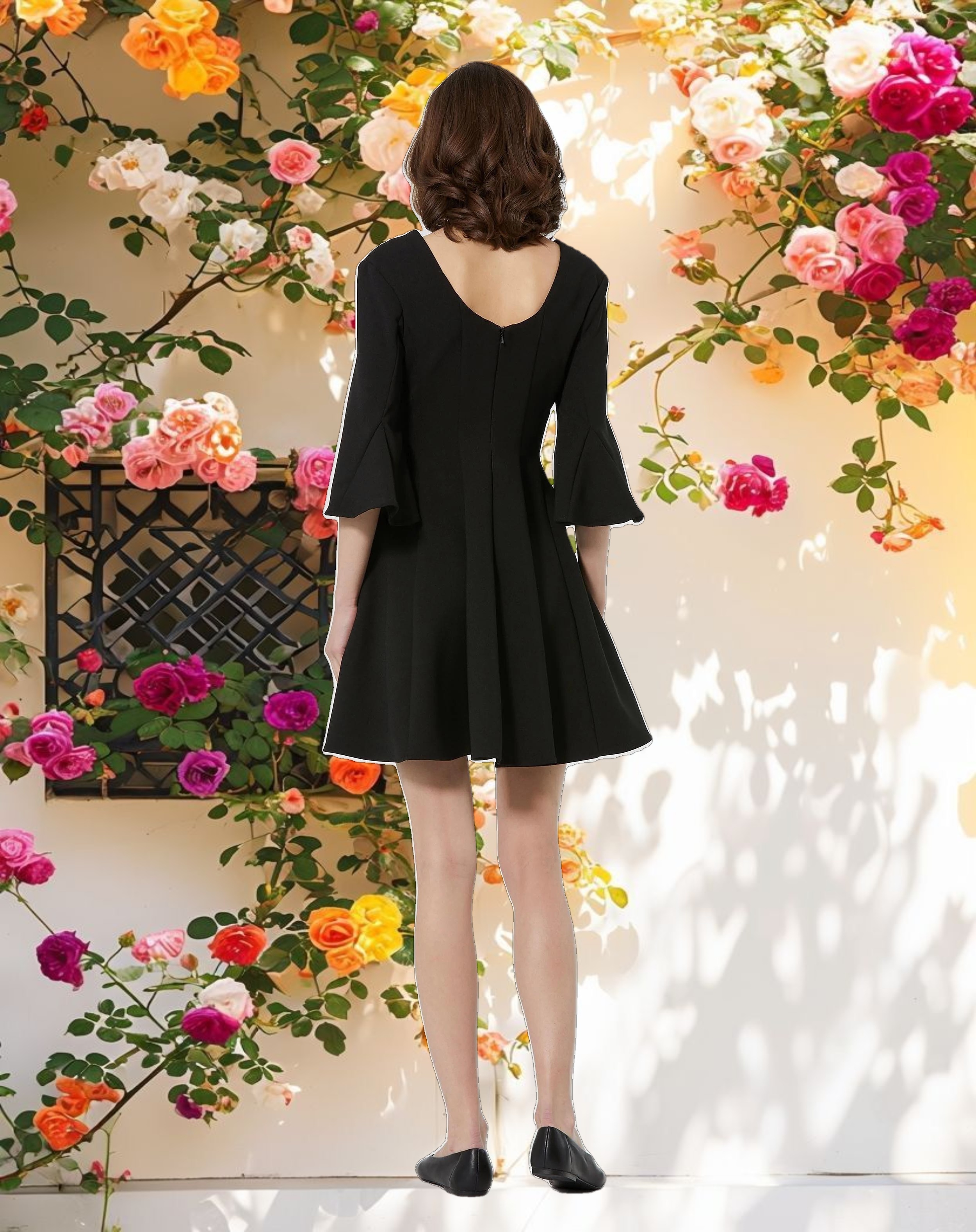 Black Crepe Square Neck 3/4 Sleeve Godet Mini Dress