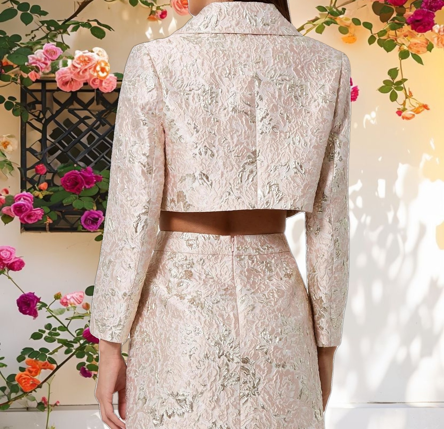 Pearl Button Brocade Cropped Jacket