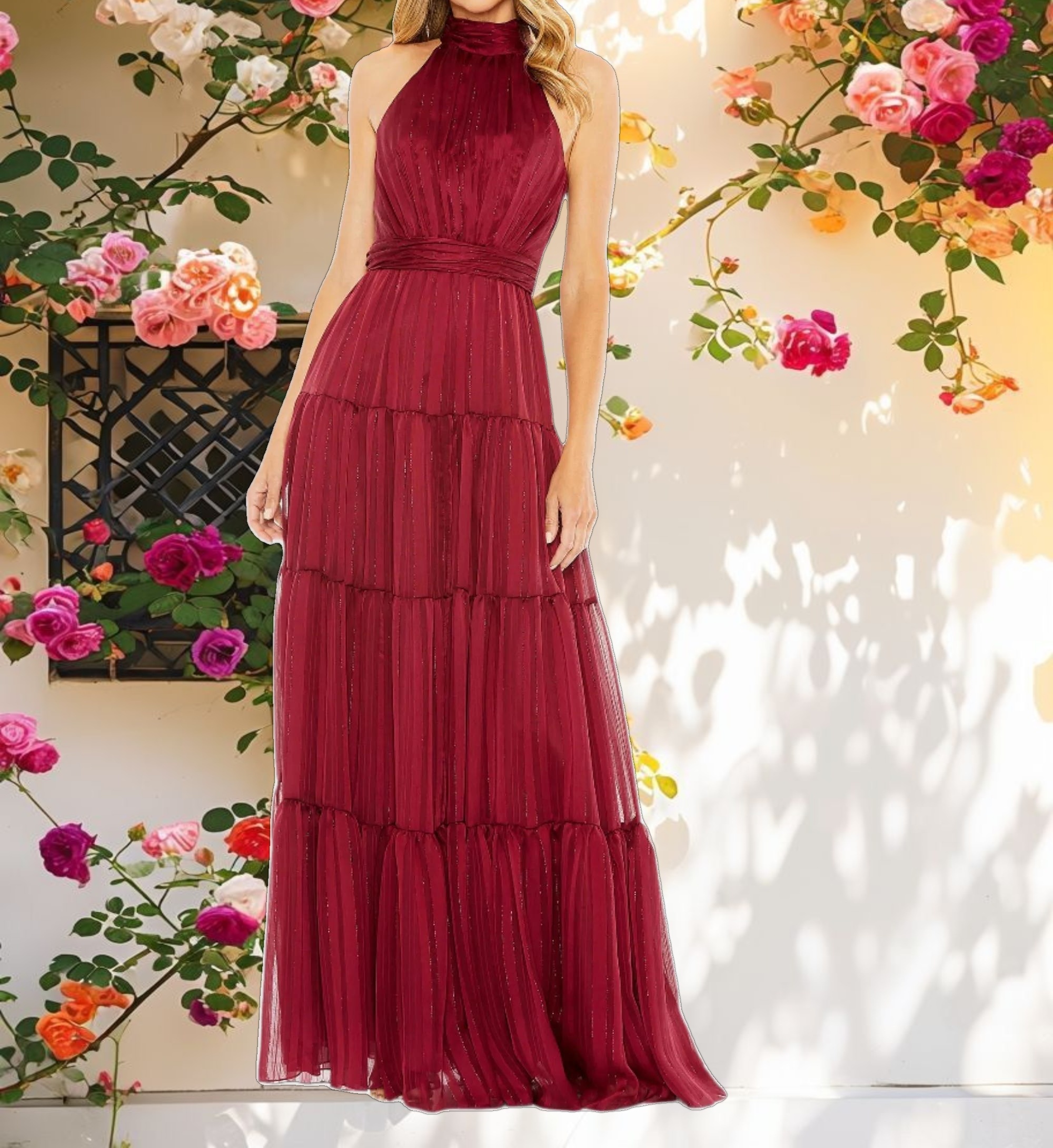 Red Tie Halter Neck Tiered Gown
