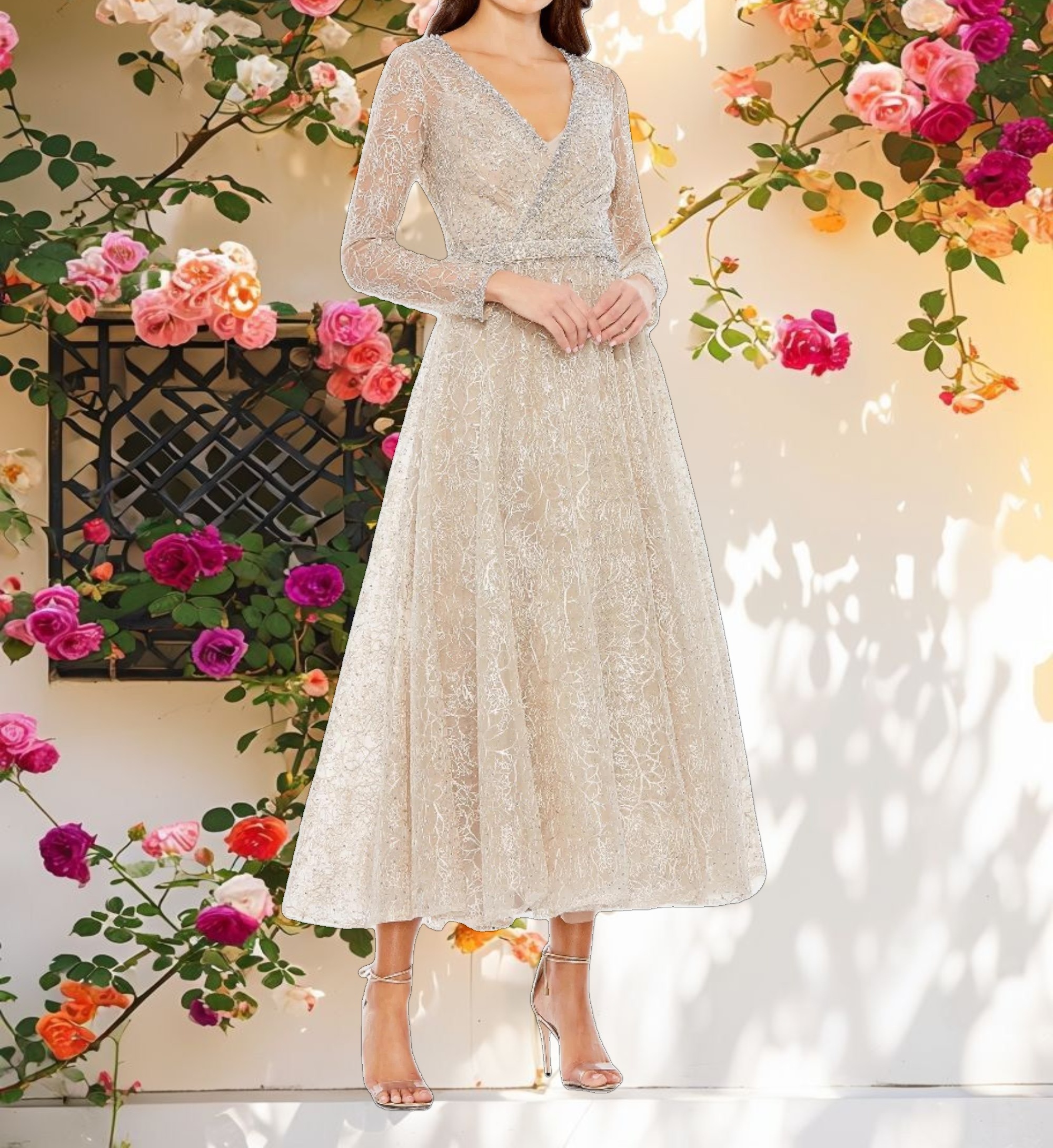 Embellished Wrap Over Long Sleeve Midi Dress